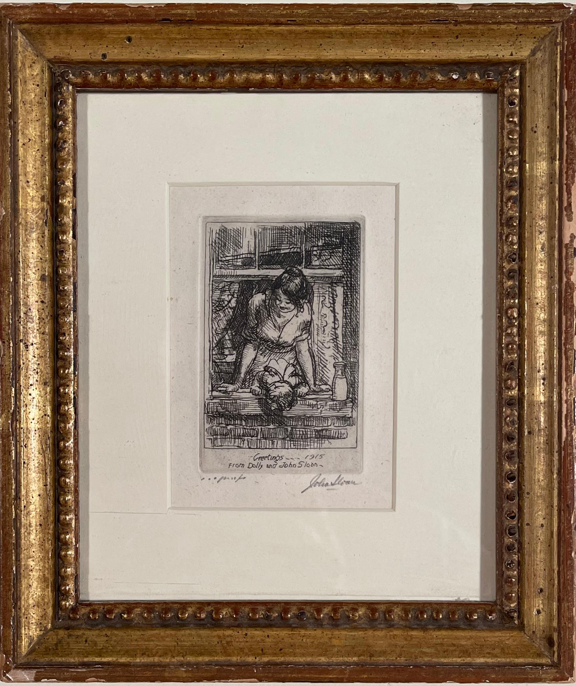 GREETINGS, 1915 ou MÈTRE ET FILLE À L'INTÉRIEUR - Print de John Sloan
