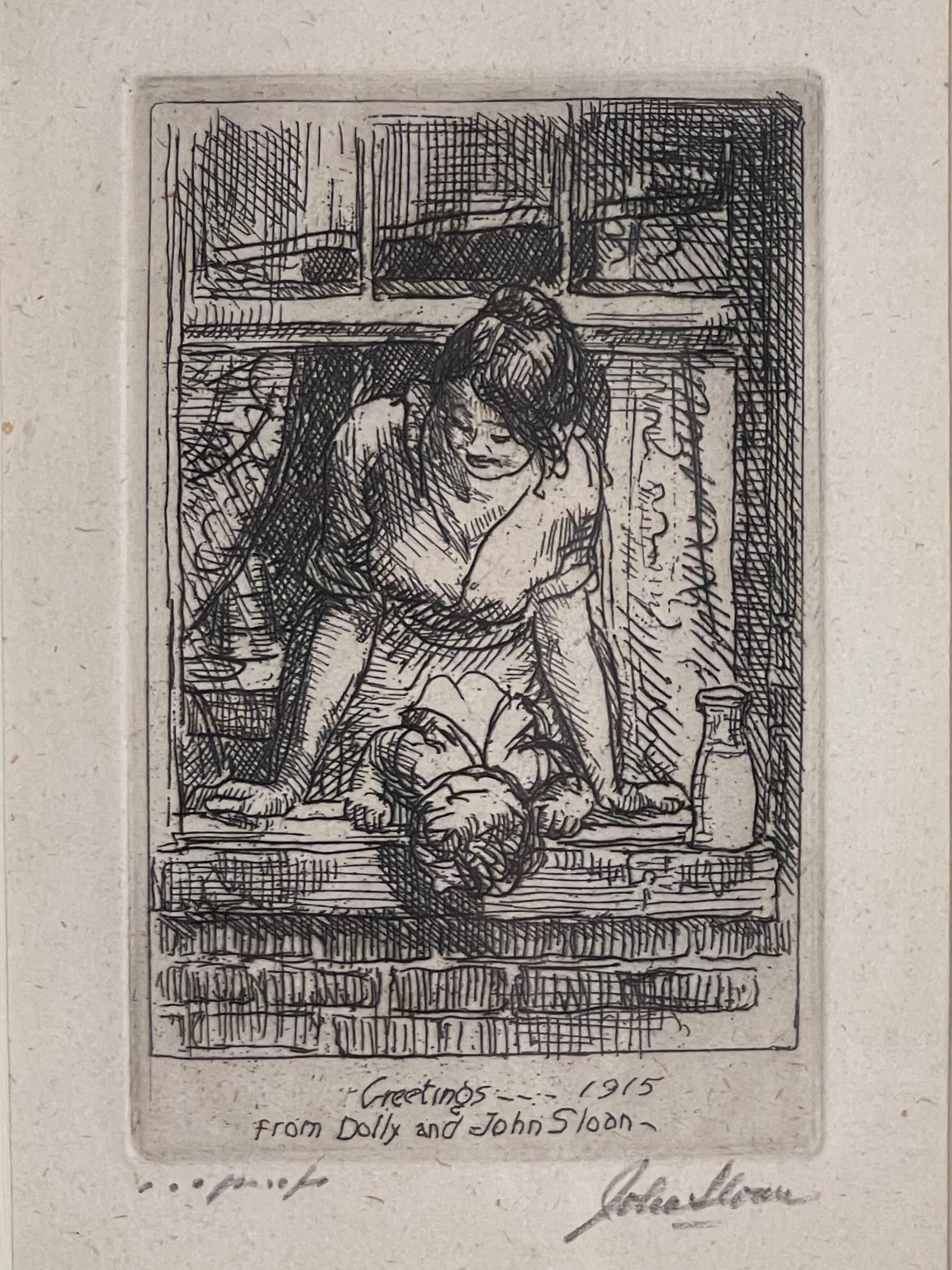 Figurative Print John Sloan - GREETINGS, 1915 ou MÈTRE ET FILLE À L'INTÉRIEUR