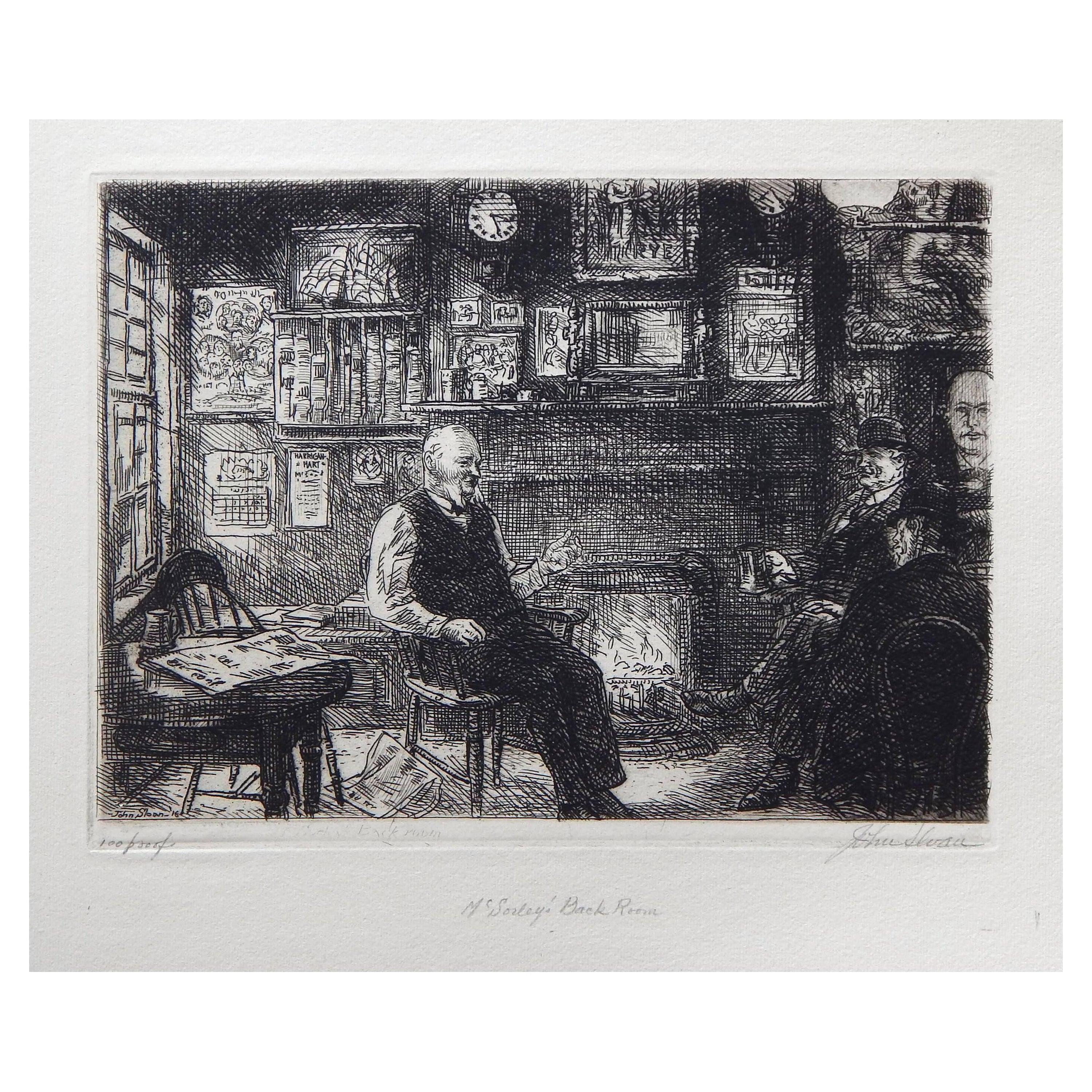 Grabado de John Sloan (1871-1951) creado en 1916.
Edición: 100
Titulado: "La trastienda de McSorley"
Tamaño de la placa: 5 1/4" H x 7 " W
Tamaño de la hoja: 7 1/2" A x 10 3/8" A
En excelente estado, sin enmarcar. 

Retrato de John McSorley y dos
