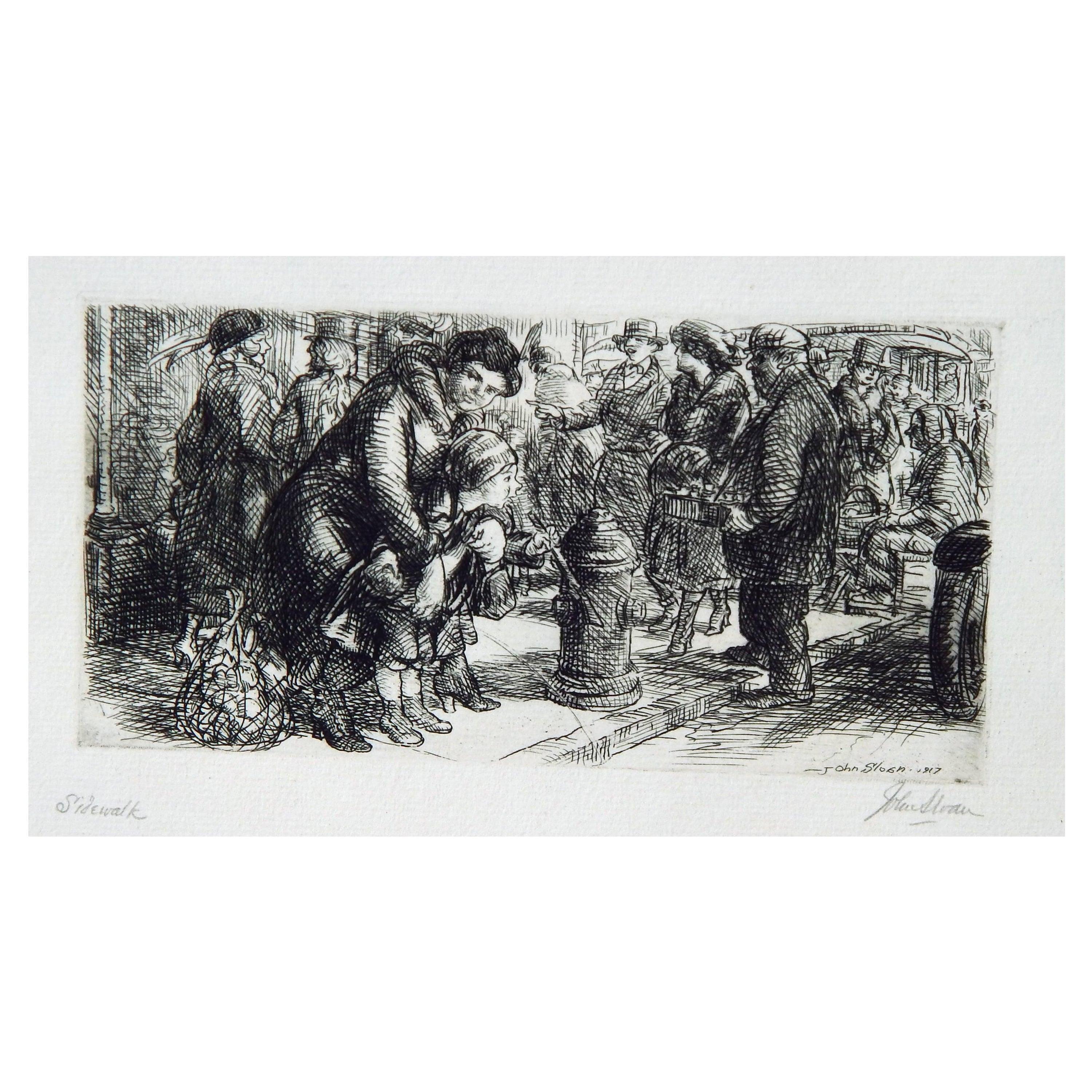 Original etching by John Sloan (1871-1951)
In good condition, framed. 
Depicts a mother helping her child pee in the street, 1917.
Image measures approx. 3 1/4" H x 6 1/2" W
Frame size: 11 1/4" H x 13 7/8" W
Signed in pencil lower right. Morse