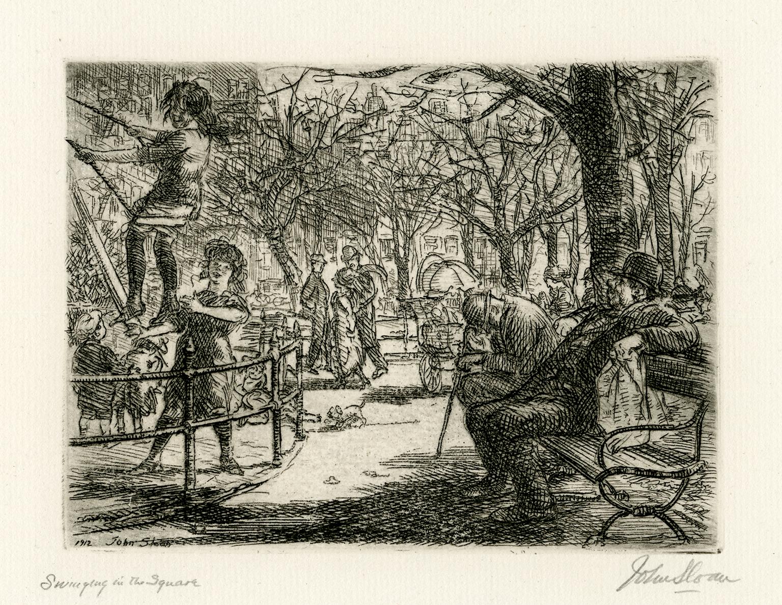 John Sloan Figurative Print - Swinging in the Square (also 'In the Park')