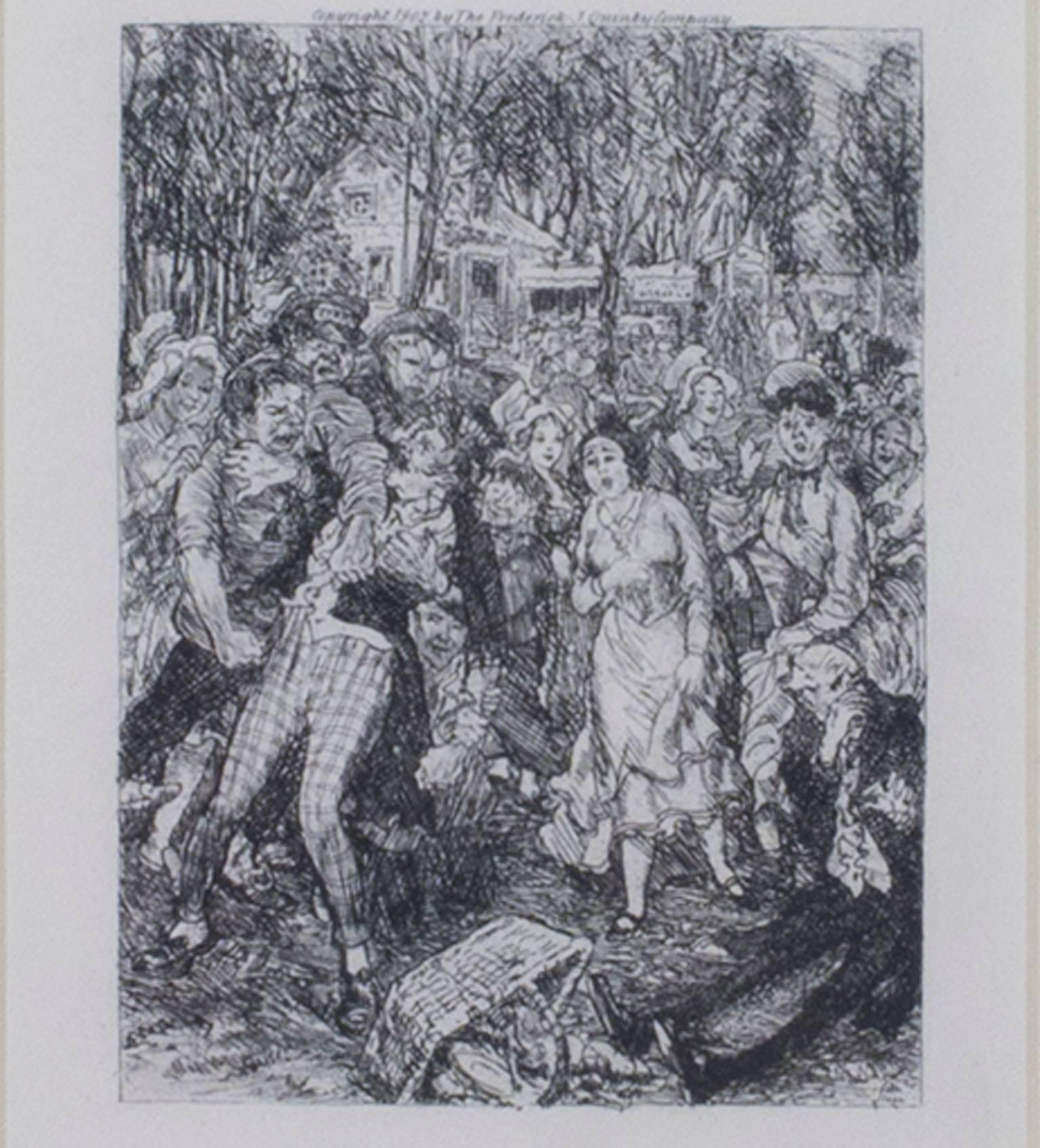 "The Row at the Picnic, " Original Black and White Etching by John Sloan