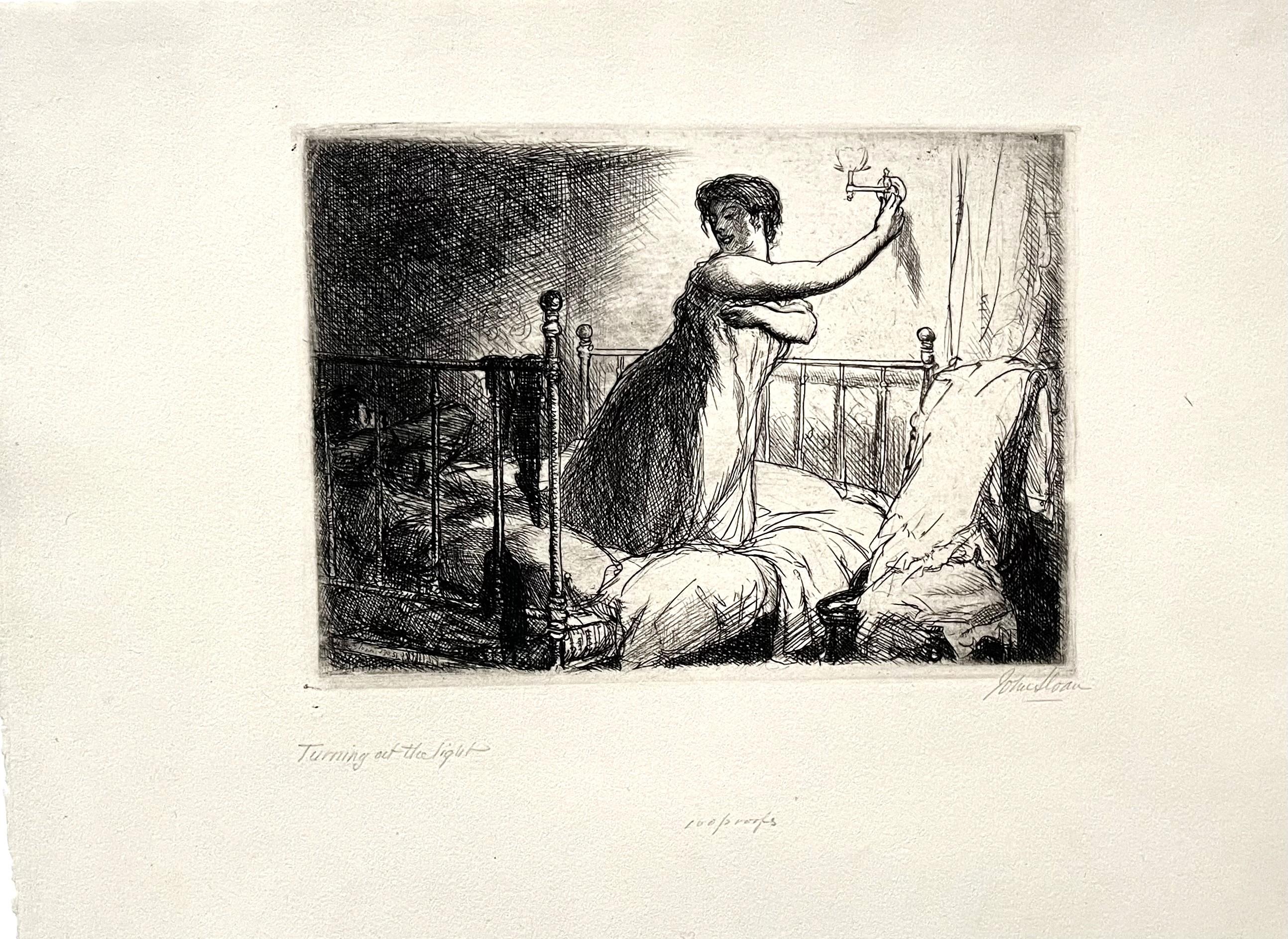 John Sloan Figurative Print - TURNING OUT THE LIGHT