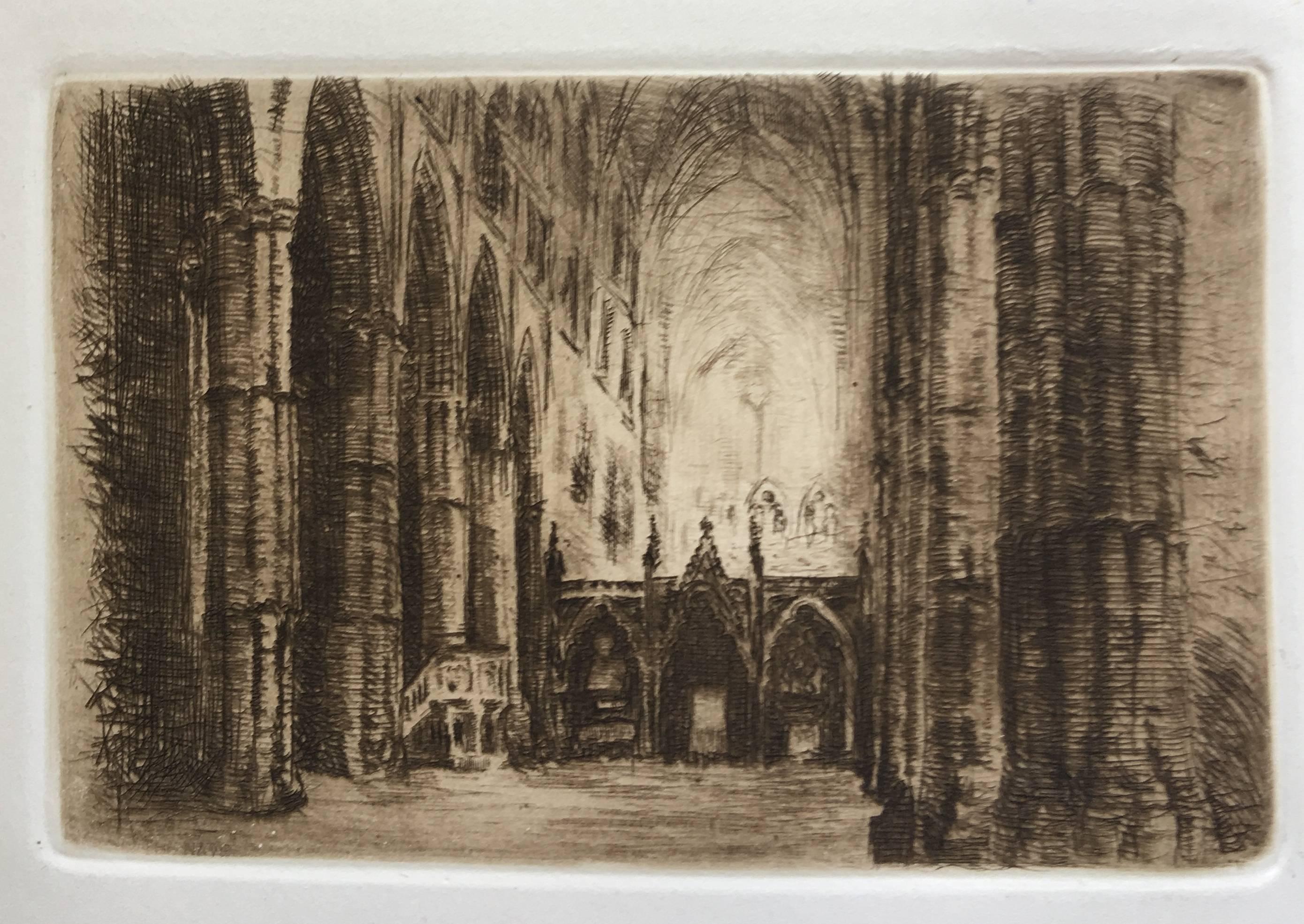 Westminster Abbey - das komplette Album mit 13 Radierungen (Grau), Landscape Print, von John Sloan