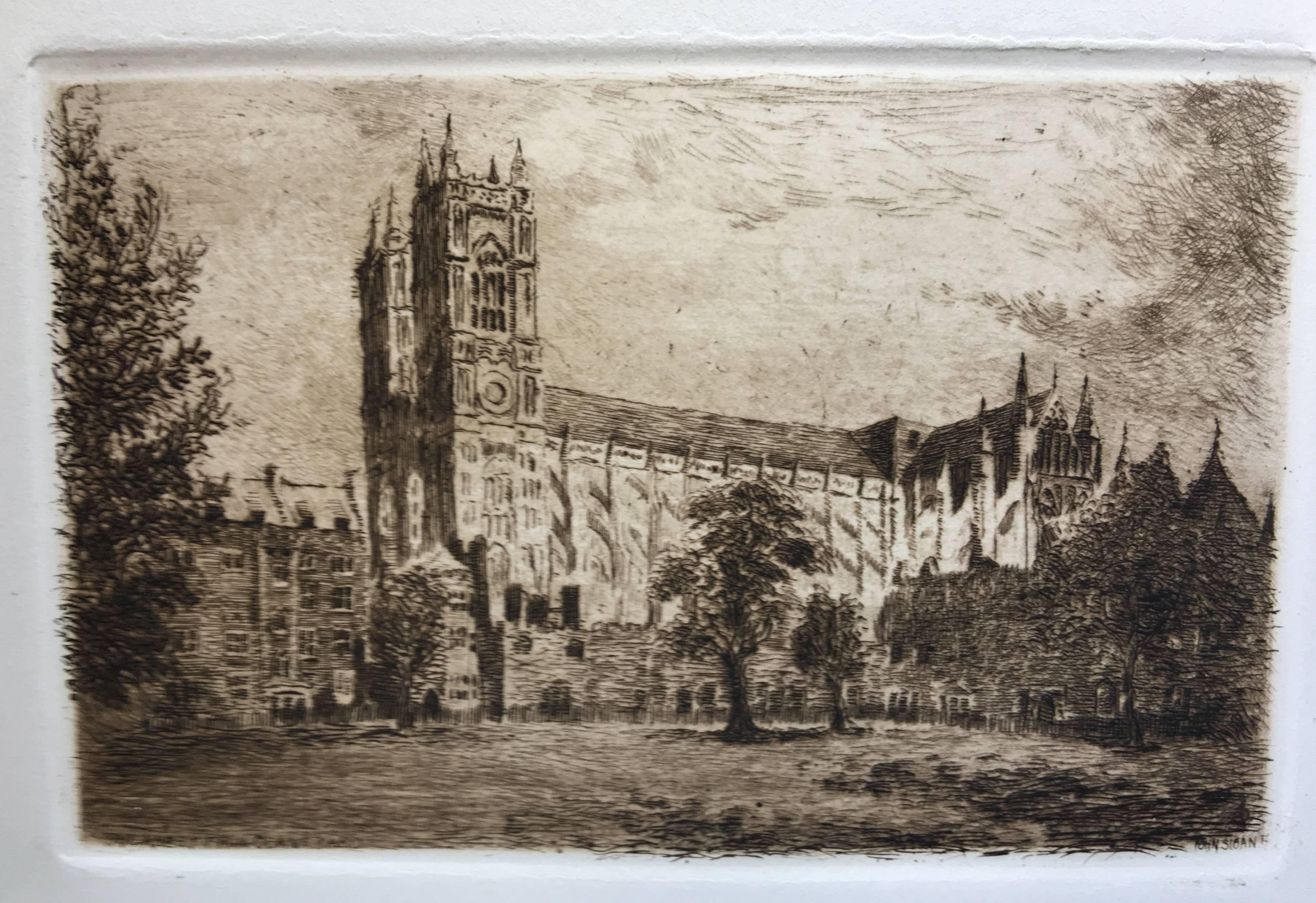 John Sloan ((1871-1951), Westminster Abbey, ca. 1891, vollständiger Satz von 13 Radierungen, Bandeinband mit handbemaltem, vergoldetem Einband [viele der Radierungen signiert und mit verschiedenen Anmerkungen in der Platte versehen]. Referenz: Morse