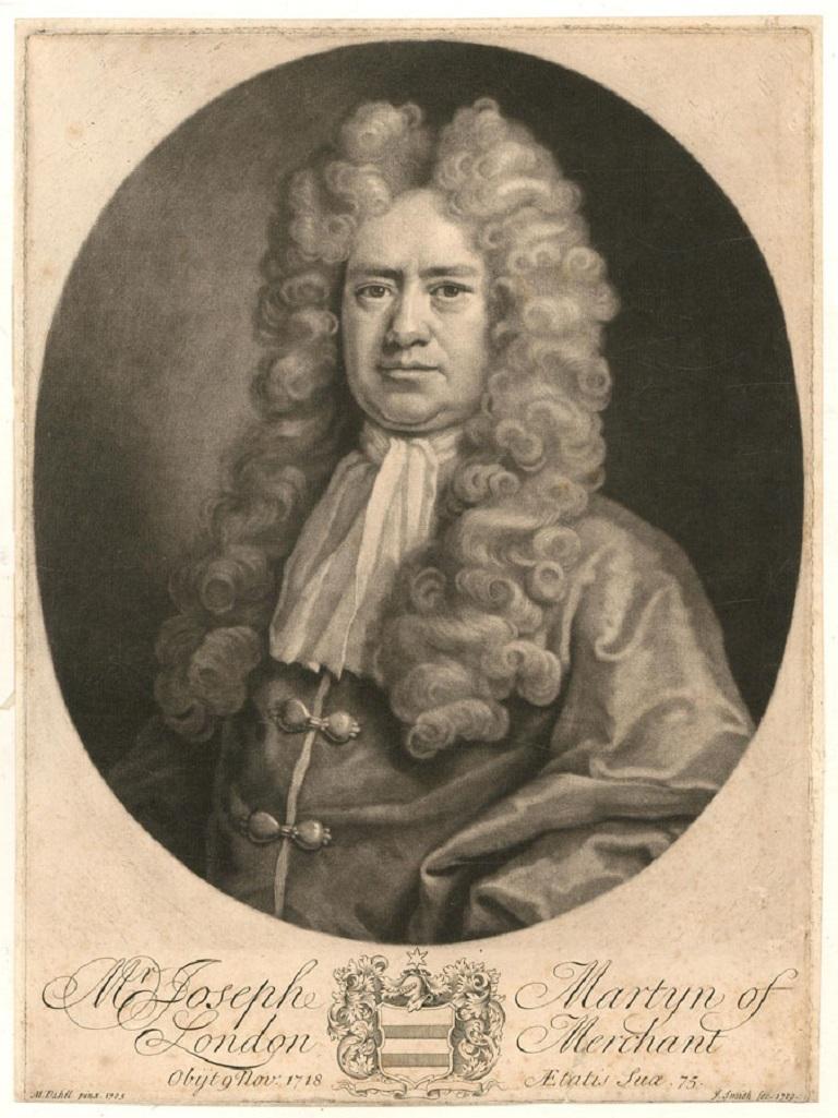 A fine mezzotint portrait of the esteemed London merchant, Joseph Martin. The print has an inscription at the bottom of the plate with the name of the sitter and date of painting and sculpting as well as the names of the original artist, Michael