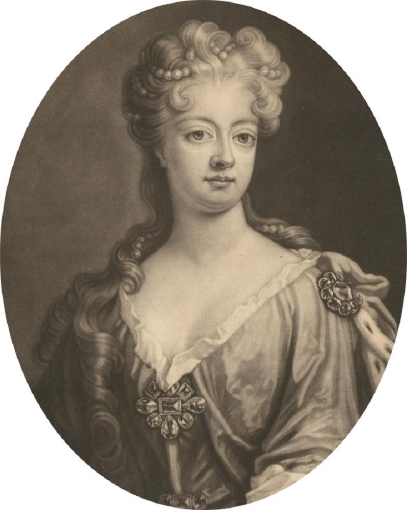 An original 1706 mezzotint by John Smith after Johann Leonhard Hirschmann, depicting Her Royal Highness Sophia Dorothea, Princess Royal of Prussia. Inscribed within the plate 'Daughter to His Highness the Elector of Brunswick and Grad Daughter to