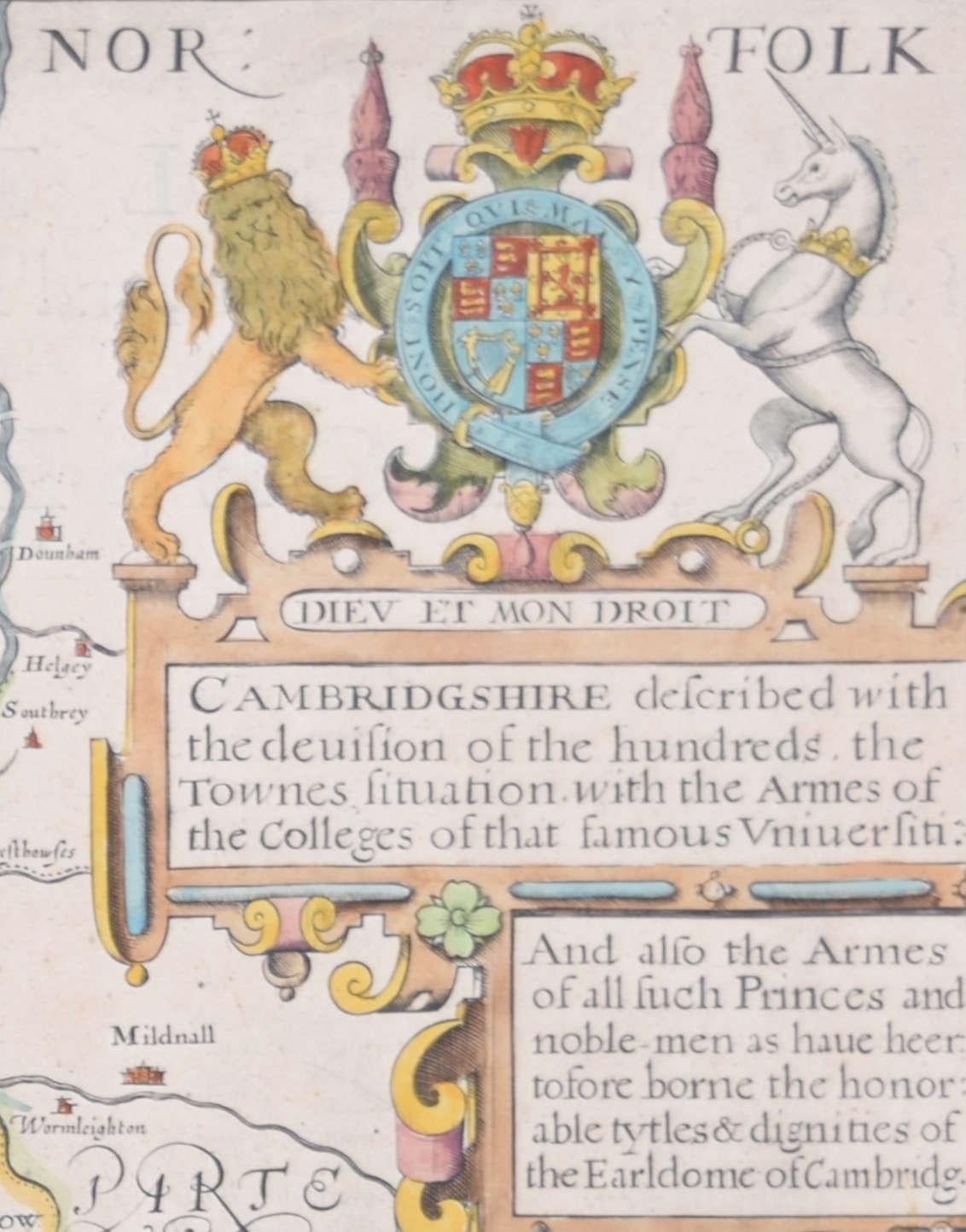 Carte du Cambridgeshire gravée au 17e siècle par John Speed en vente 4