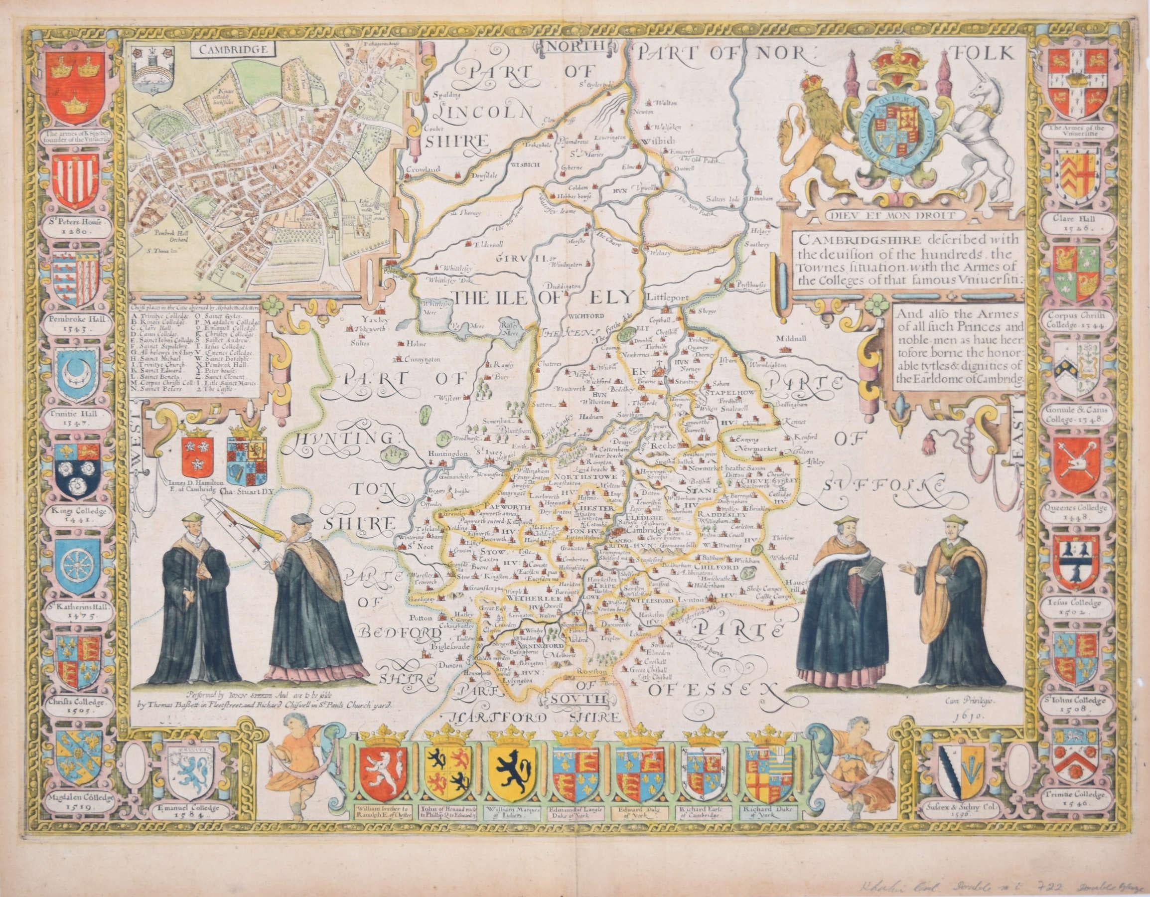 Pour en voir plus, faites défiler l'écran jusqu'à "Plus de ce Sellers" et, en dessous, cliquez sur "Tout voir de ce Sellers". 

John Speed (1551 ou 1552 - 1629)
Carte du Cambridgeshire
Gravure avec mise en couleur ultérieure à la main
39 x 53