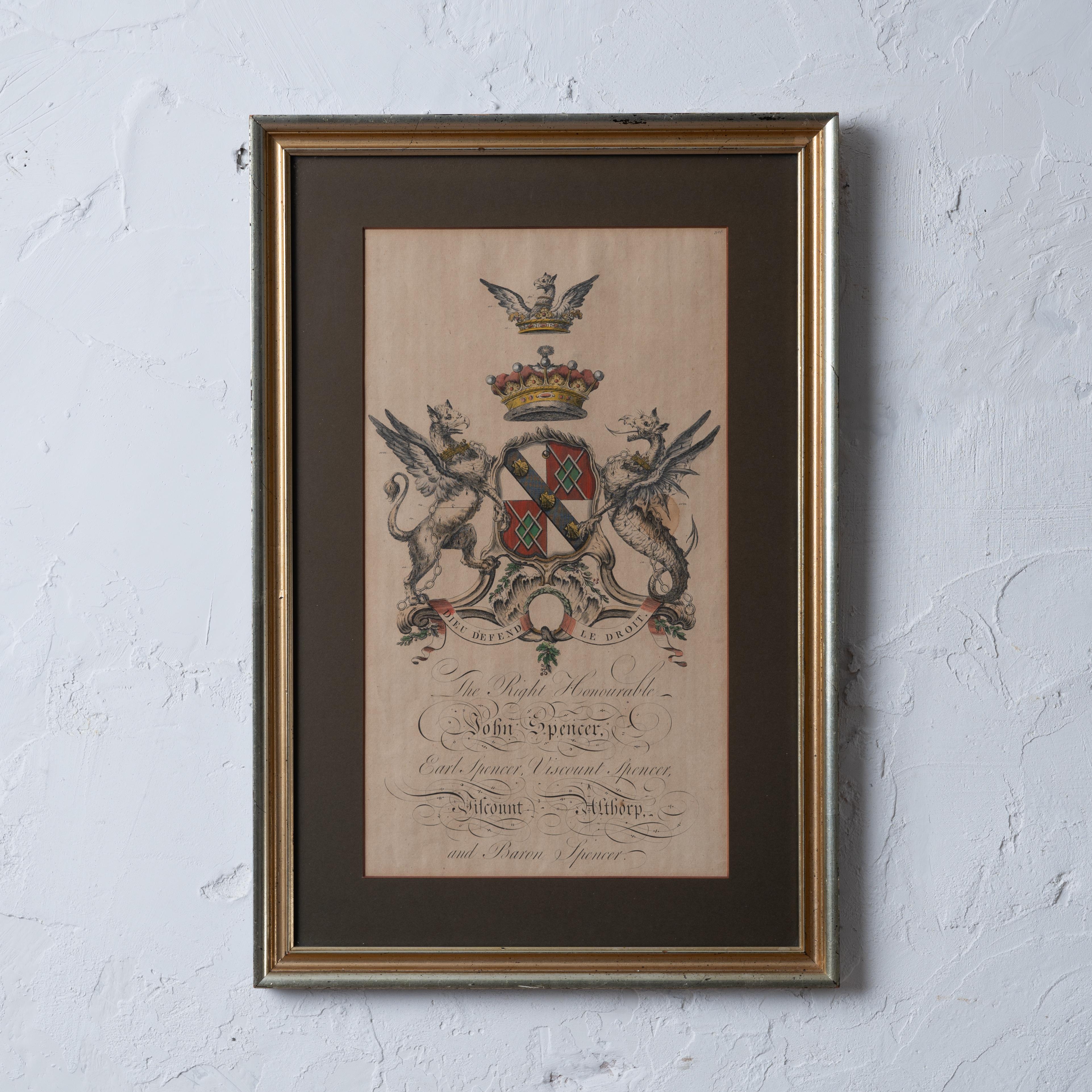 John Spencer heraldic coat of arms engraving, 18th Century.

sight: 9 ¼ by 16 ½ inches
frame: 15 by 22 inches

