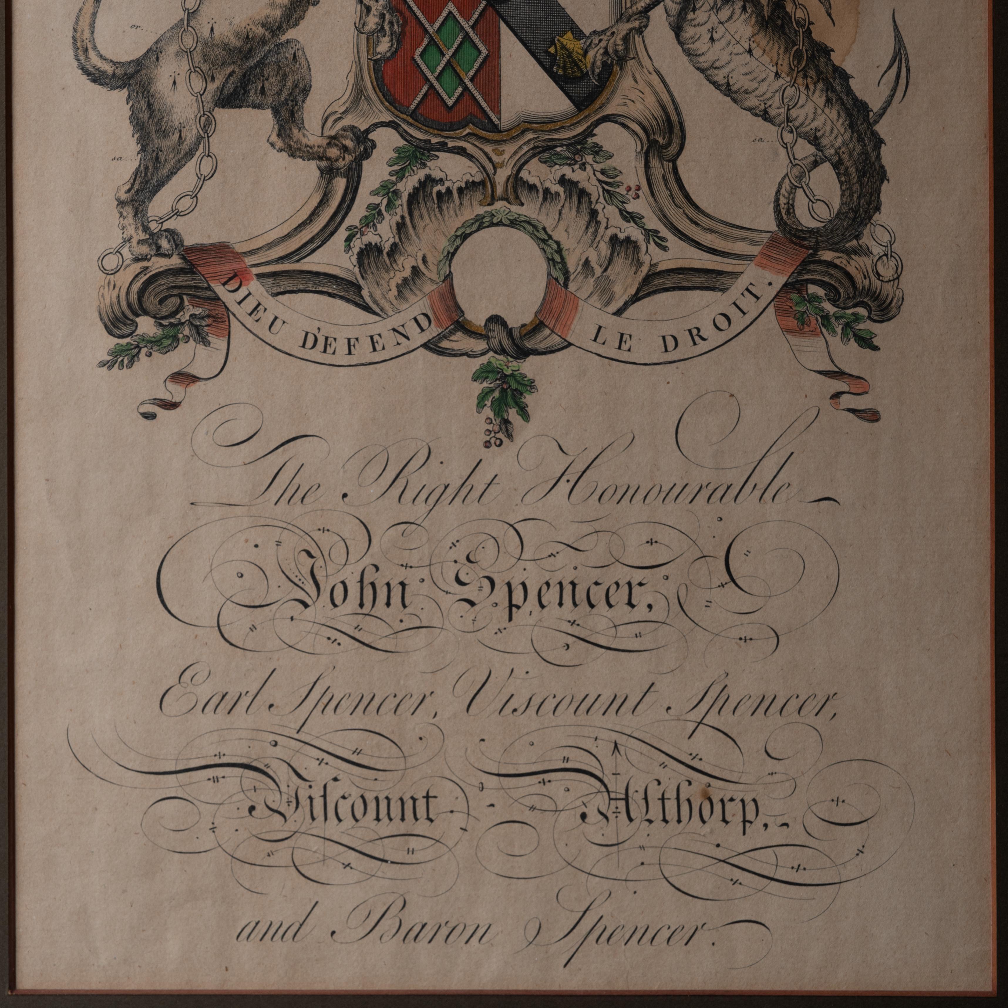 John Spencer Heraldic Coat of Arms Engraving, 18th Century In Fair Condition In Savannah, GA