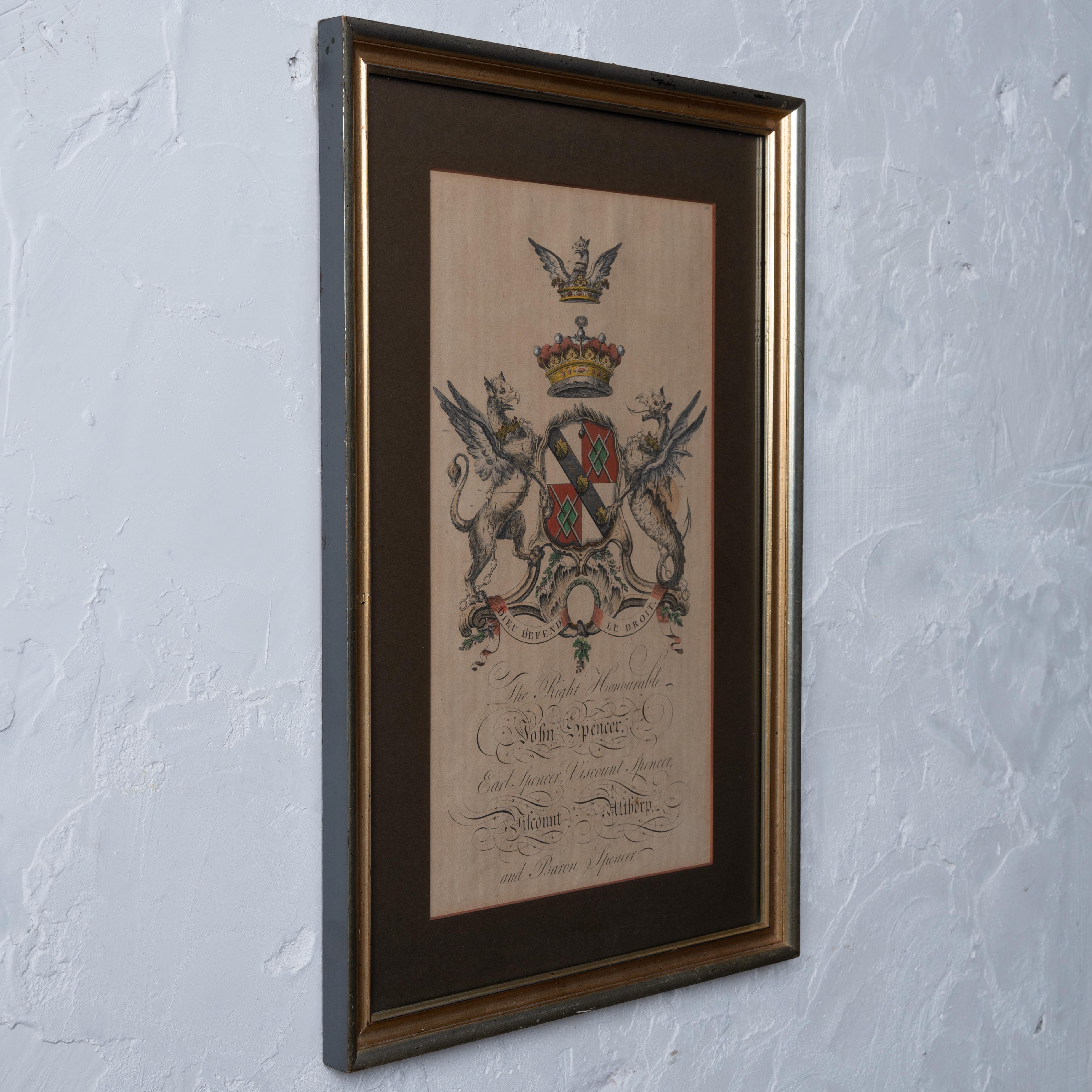 Glass John Spencer Heraldic Coat of Arms Engraving, 18th Century