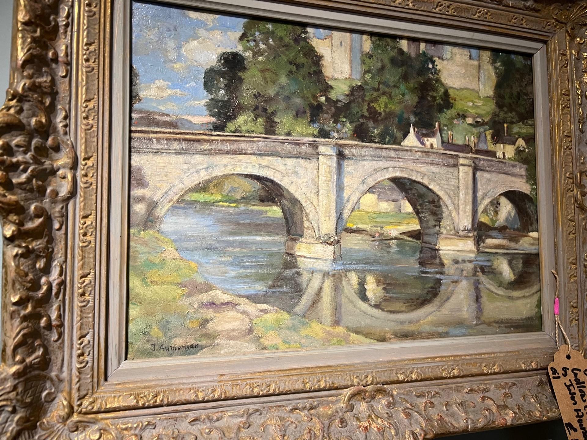 Paisaje Modern British de principios del siglo XX Puente de Dinham, castillo de Ludlow - Painting Posimpresionista de john stacy aumonier