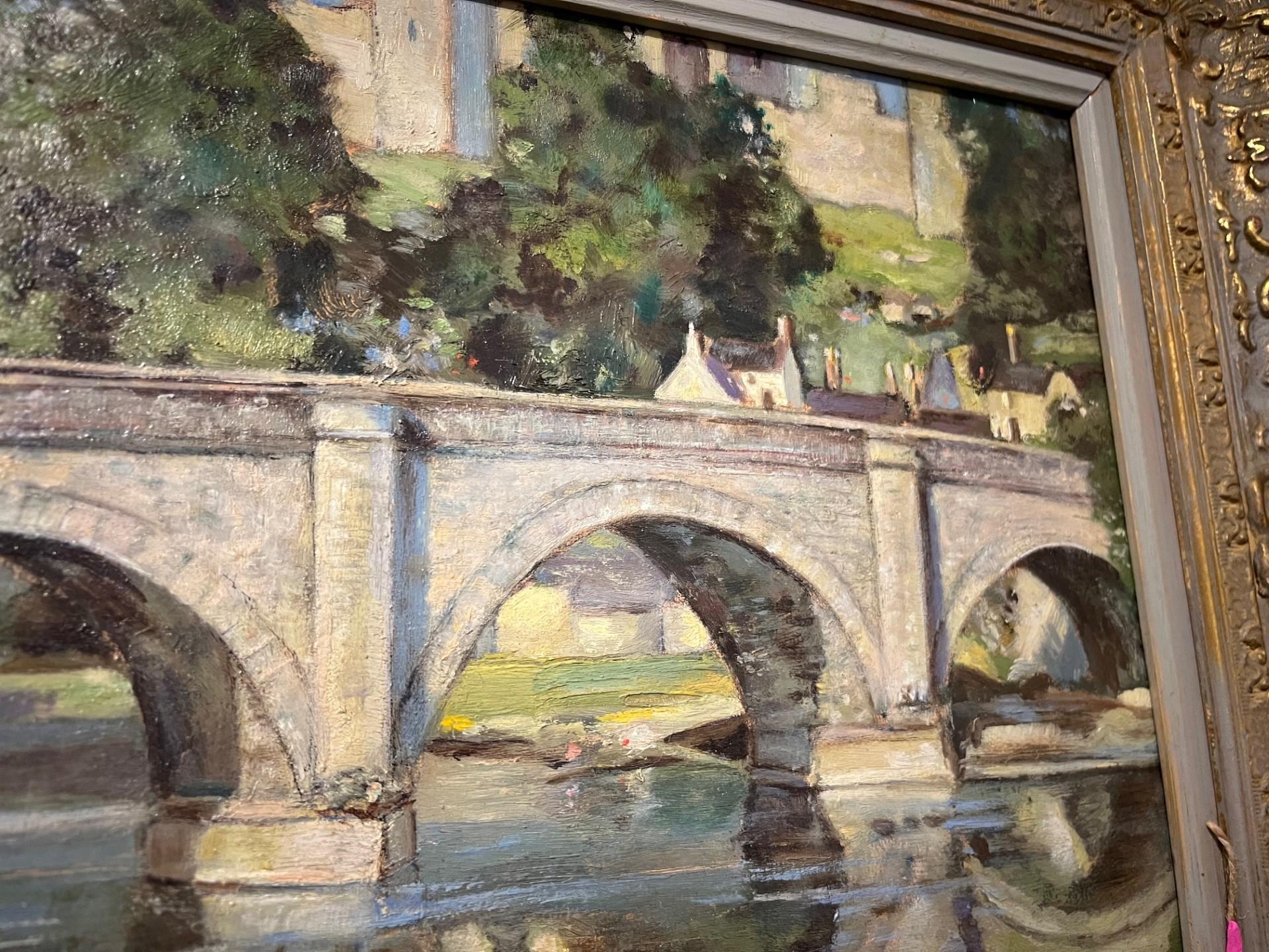 Pintura al óleo de paisaje Modern British de principios del siglo XX del puente de Dinham sobre el río Teme y el castillo de Ludlow, Shropshire.
