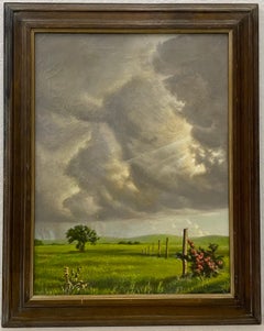 Vintage John Stancin Green Country Landscape with Gray Clouds & Sunbeams c.1960