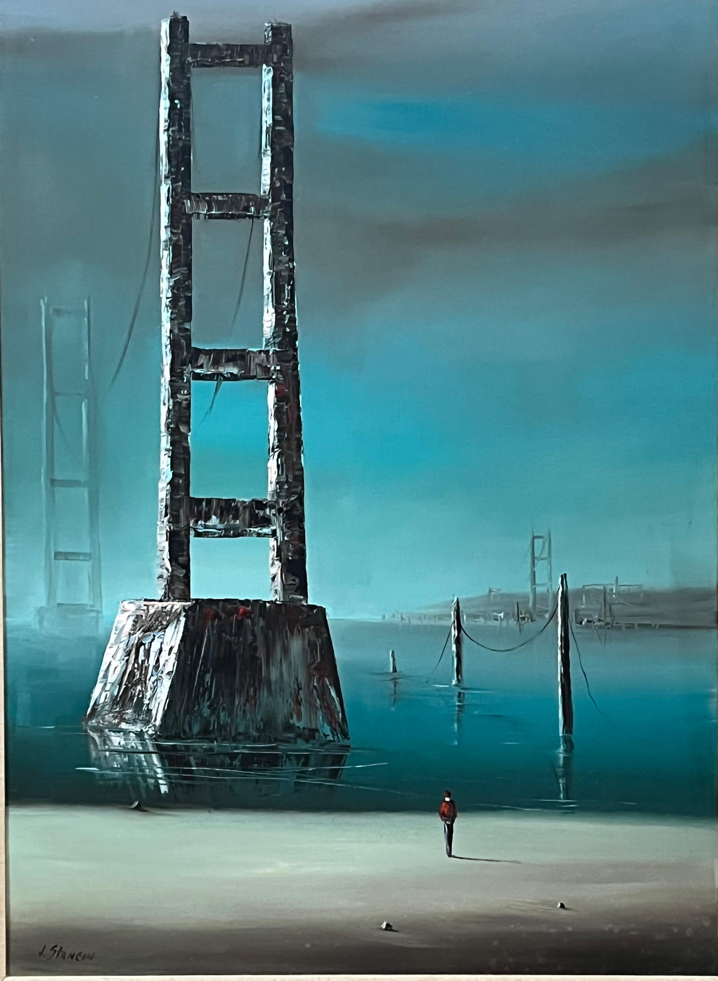 This painting depicts a lone man in front of an impressive bridge. This scene expresses a place where time stopped running. It's very calming to look at it, especially in our crazy times.
The sky is finely painted with changing tones.  For the