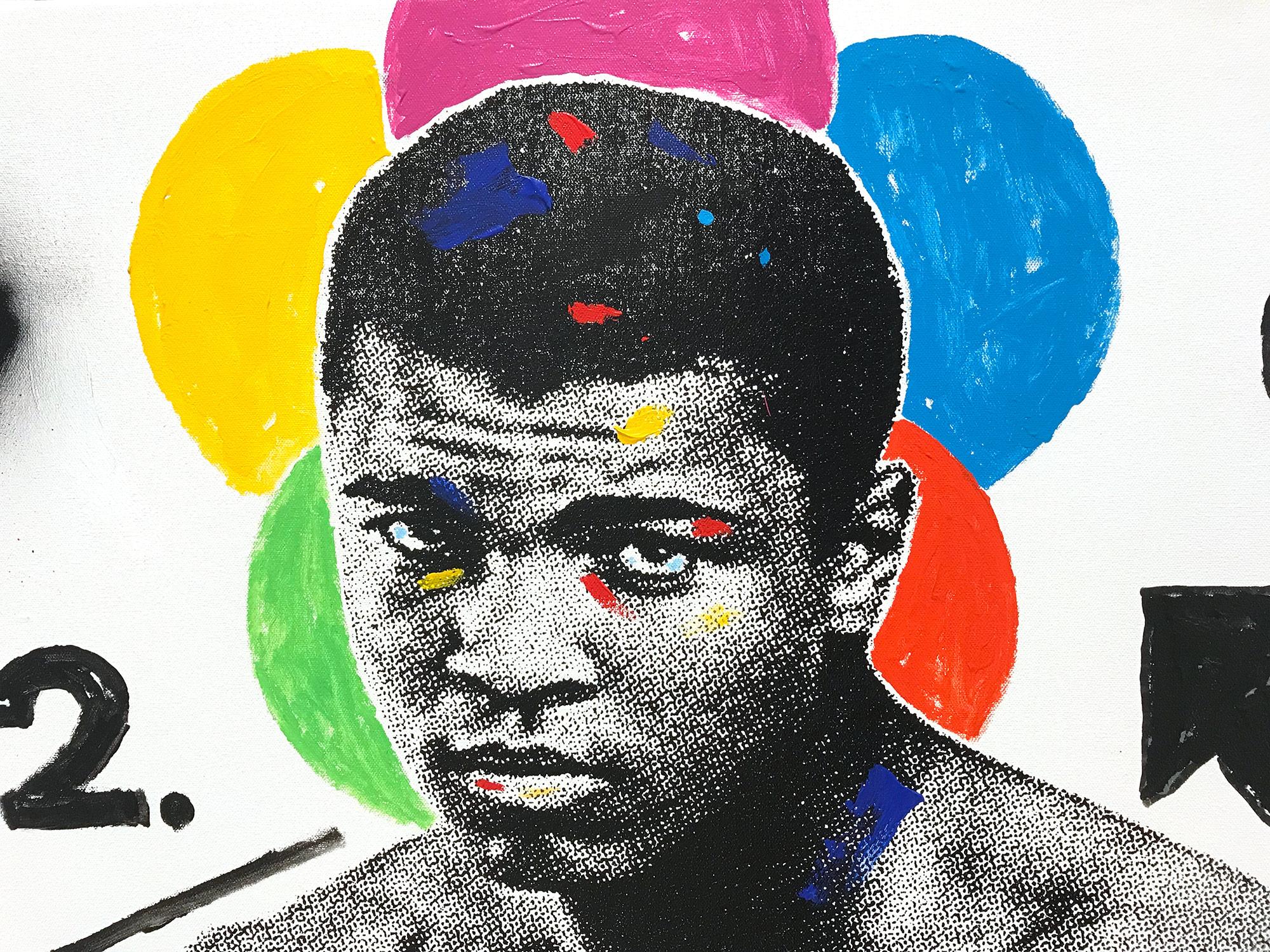 A pop piece depicting Muhammed Ali with Chanel. With impasto painting, and quick brushwork we are drawn to the movement, as the artist is able to engage his viewer with contrasting highlights and shadow. Done with Silkscreen in artist studio with