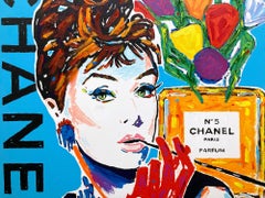 „Audrey Chanel Blau“ Blumen & Audrey Hepburn Pop Art Acrylgemälde auf Leinwand