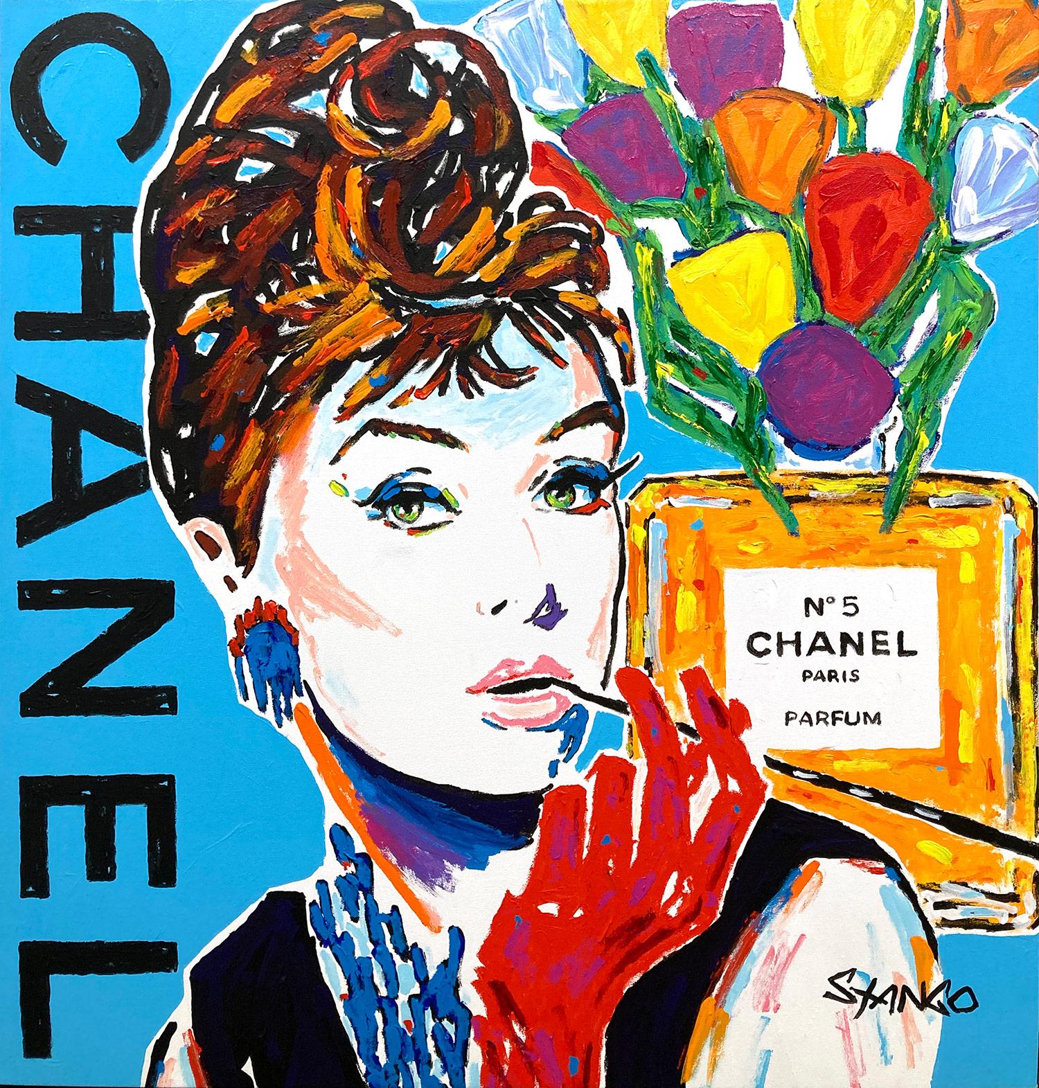 Abstract Painting John Stango - "Audrey Chanel Blue" Fleurs et Audrey Hepburn Peinture acrylique sur toile Pop Art