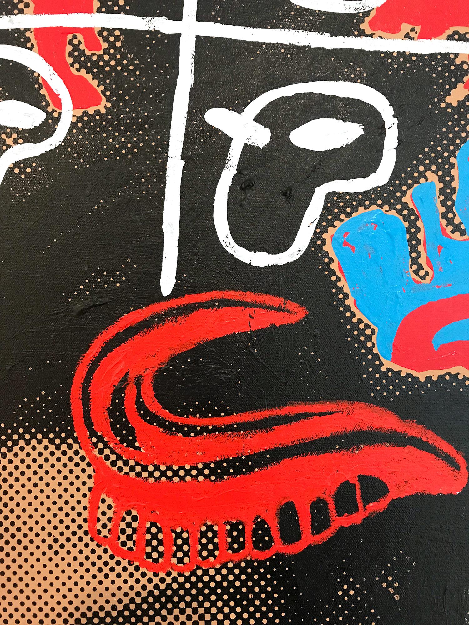 « Basquiat/Samo » Jean-Michel Basquiat peinture Pop Art sur toile fond rouge - Noir Abstract Painting par John Stango