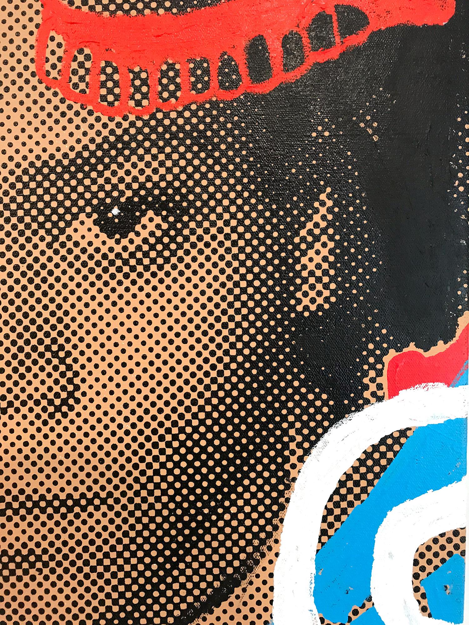 Una pieza pop que representa a Basquiat/Samo. Con la pintura al impasto y la serigrafía nos sentimos atraídos por el movimiento, ya que el artista es capaz de implicar a su espectador con contrastes de luces y sombras. Esta obra está firmada por el