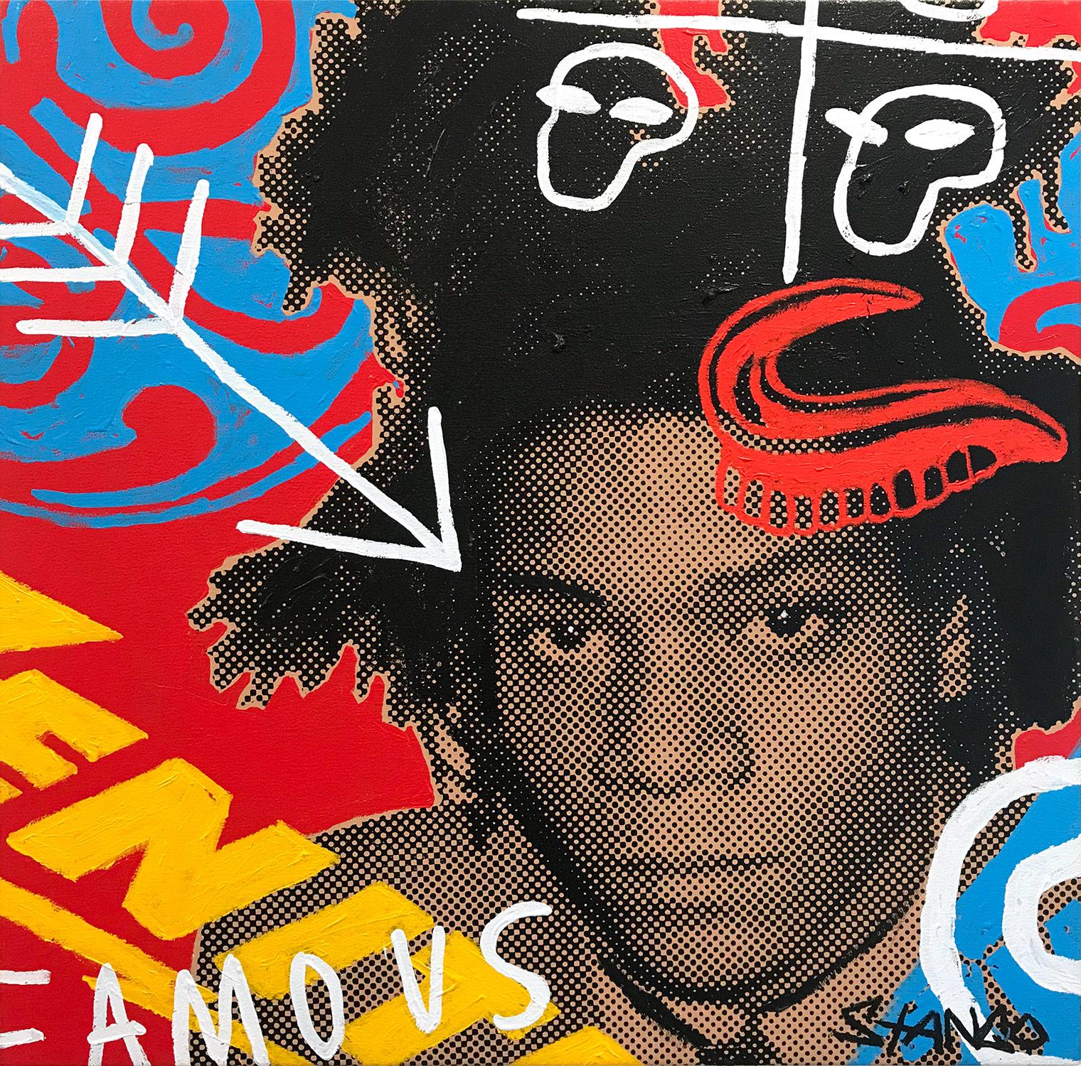 John Stango Abstract Painting – „Basquiat/Samo“ Jean-Michel Basquiat Pop-Art-Gemälde auf Leinwand mit rotem Hintergrund