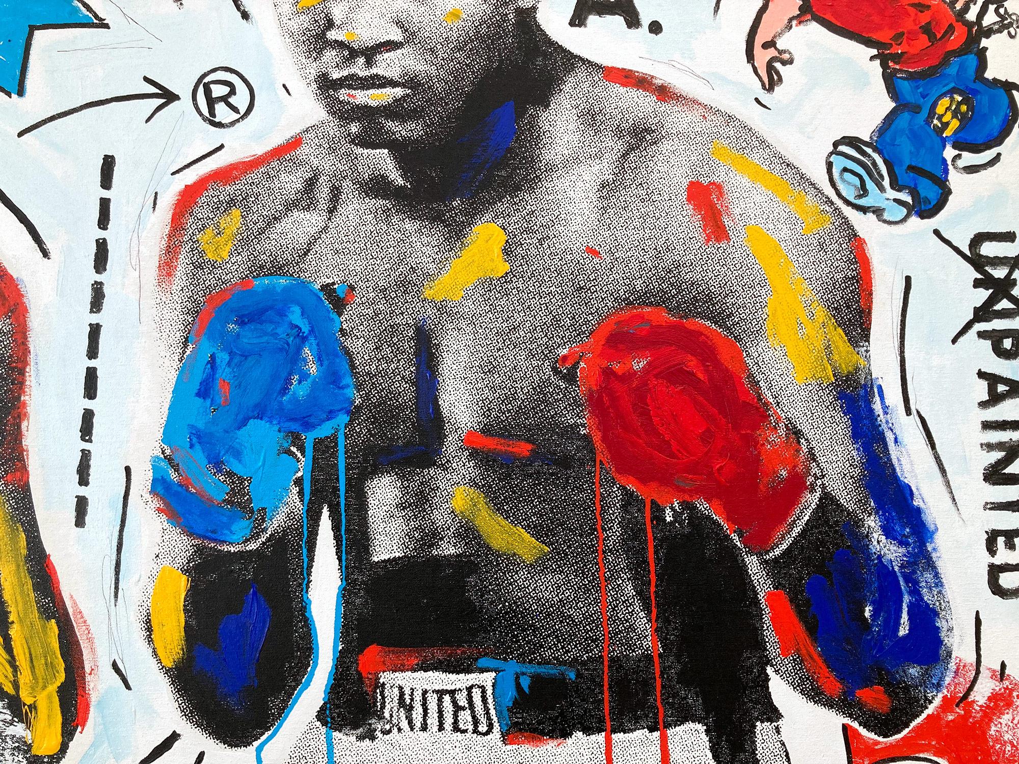 Un pezzo pop che ritrae Muhammed Ali con Chanel. Con la pittura a impasto e la pennellata veloce siamo attratti dal movimento, in quanto l'artista è in grado di coinvolgere lo spettatore con il contrasto di luci e ombre. Realizzato in serigrafia