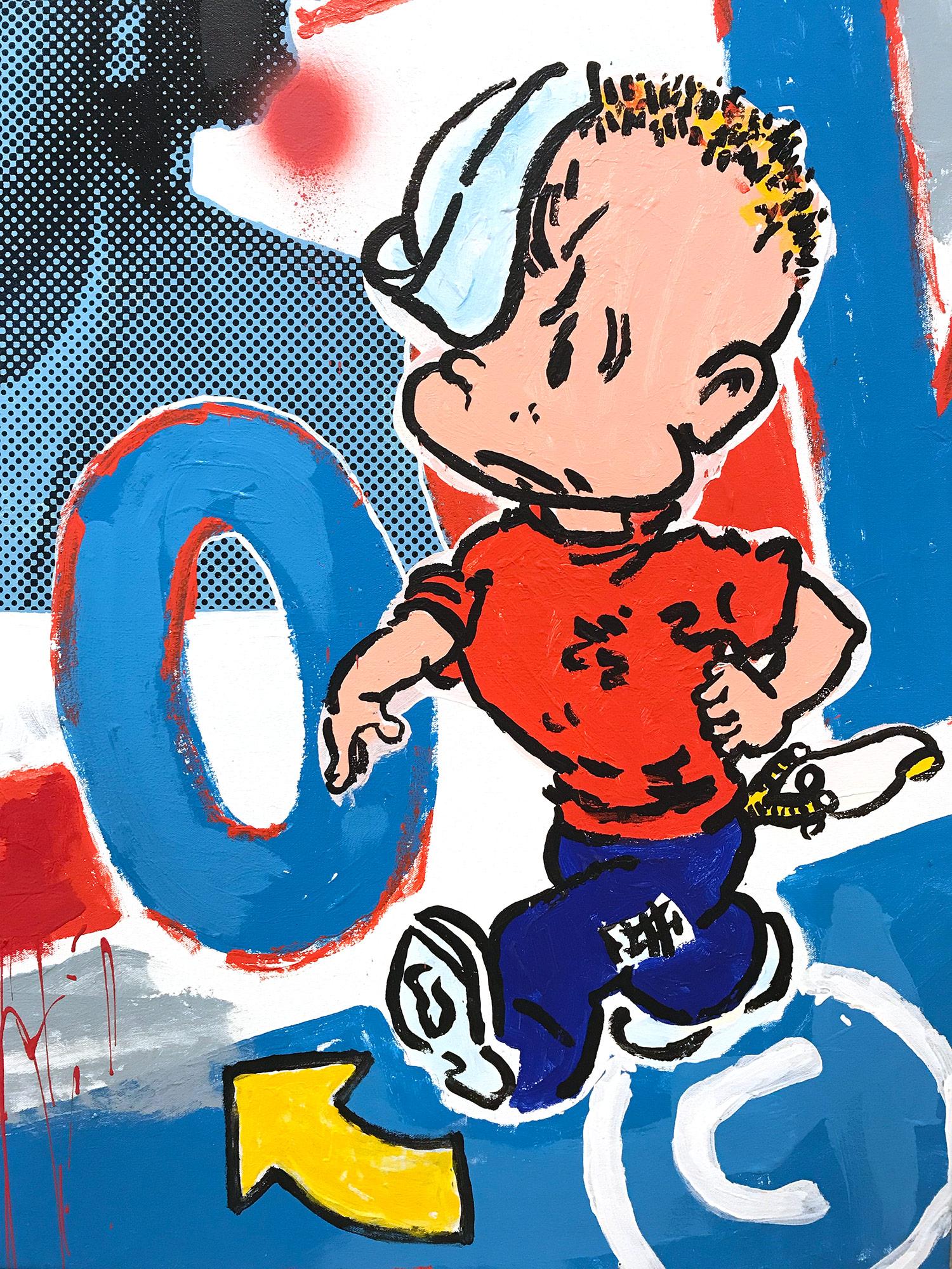 Une pièce pop représentant Basquiat avec un chewing-gum Bazooka. Avec la peinture par empâtement et la sérigraphie, nous sommes attirés par le mouvement, car l'artiste est capable d'impliquer son spectateur avec des contrastes d'ombres et de