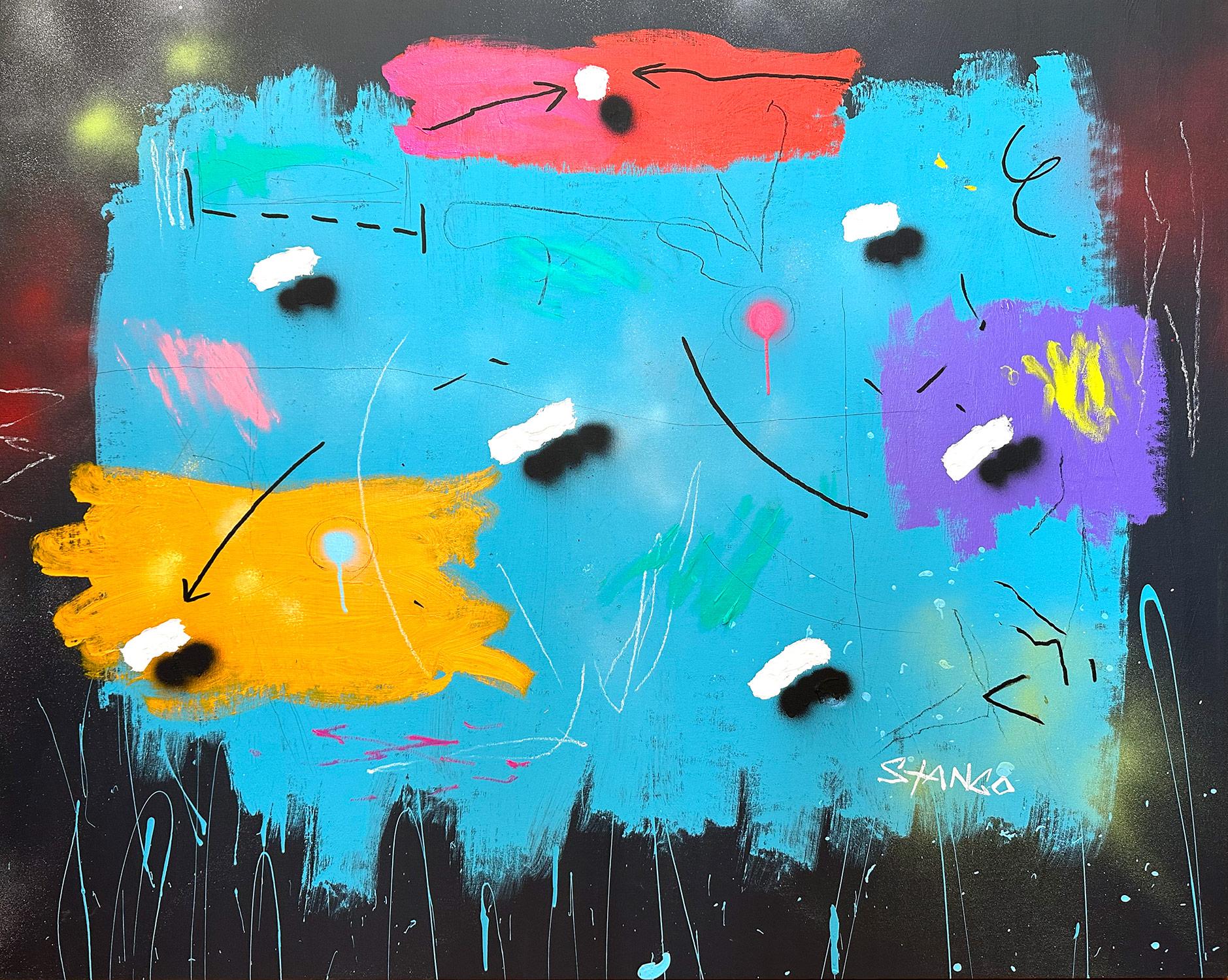John Stango Abstract Painting - "Blue-Eyed Soul" Colorful Shapes with Black Background Abstract Pop Art Painting