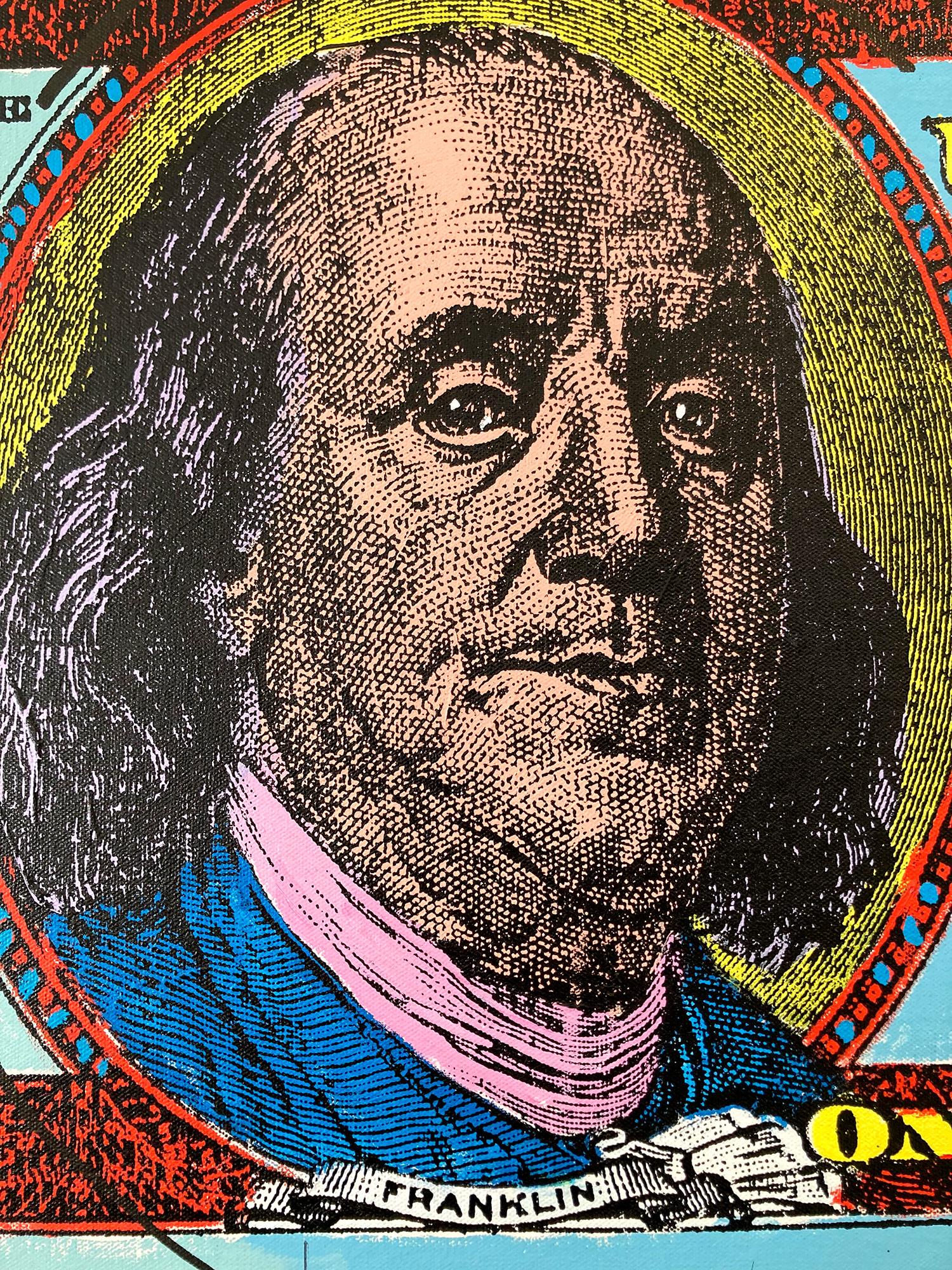 Un pezzo pop che raffigura un biglietto da 100 dollari con Benjamin Franklin.  Con la pittura a impasto, la vernice spray e la serigrafia, siamo attratti dal movimento, in quanto l'artista è in grado di coinvolgere lo spettatore con il contrasto di
