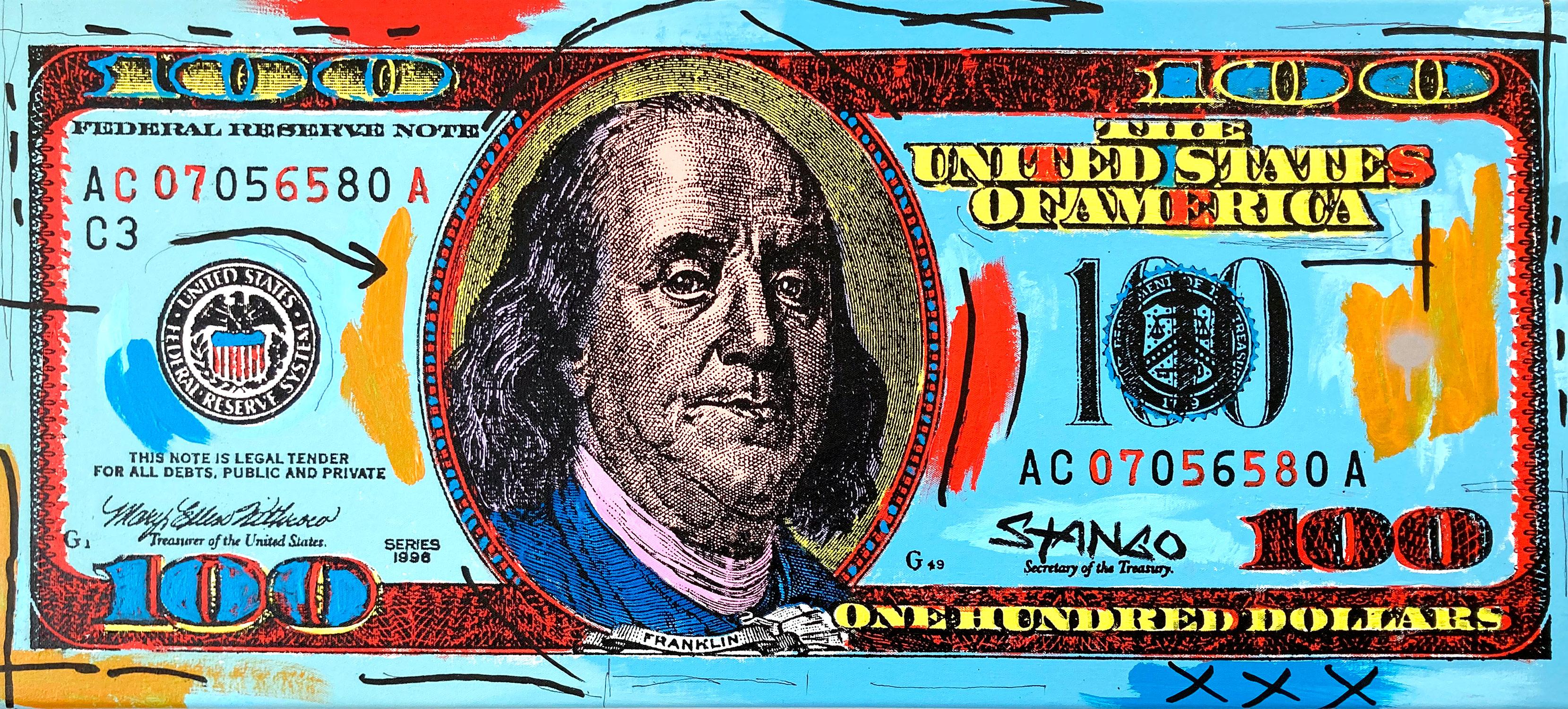 Portrait Painting di John Stango - "Blue Money Deluxe Series" Pop Art Benjamin Franklin Pittura acrilica su tela