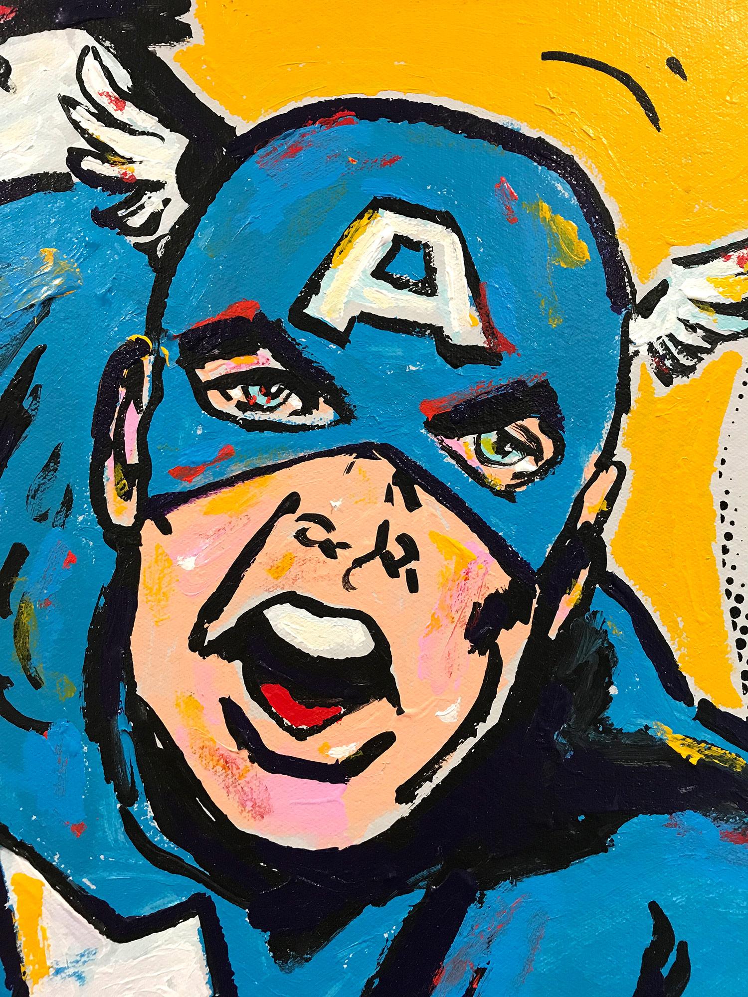 A pop piece depicting Captain America juxtaposed with John F. Kennedy. With impasto painting, silkscreening, and quick brushwork we are drawn to the movement, as the artist is able to engage his viewer with contrasting highlights and shadow. This