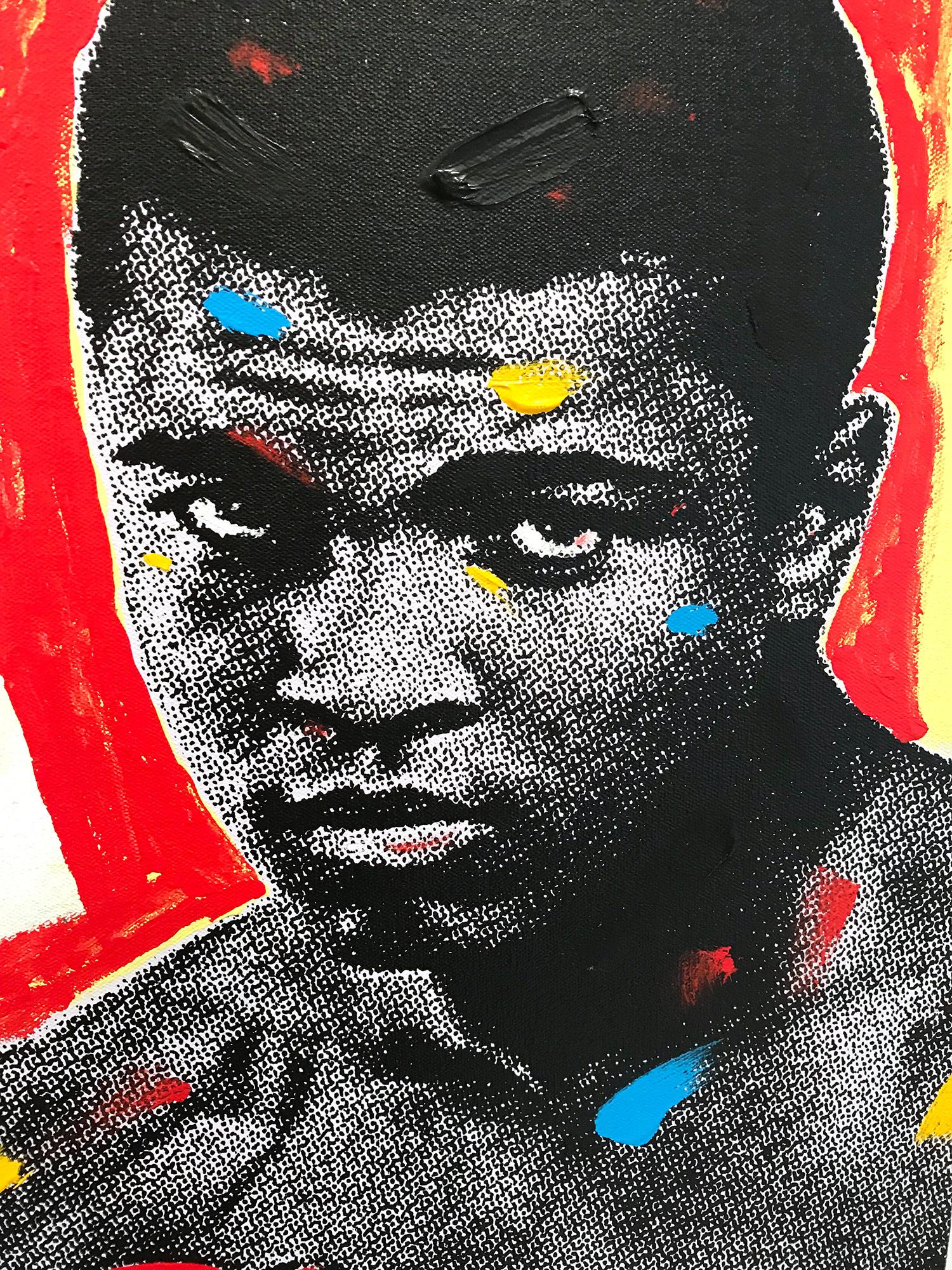 Peinture Pop Art Muhammad Ali sur toile fond rouge et jaune - Contemporain Painting par John Stango