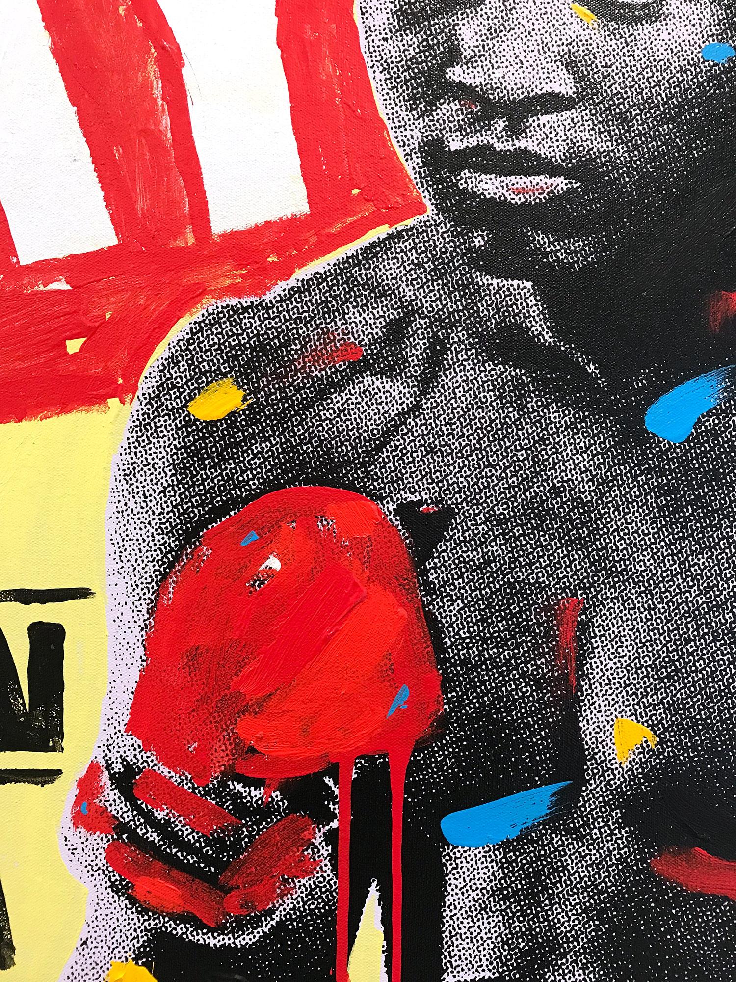 Peinture Pop Art Muhammad Ali sur toile fond rouge et jaune - Beige Abstract Painting par John Stango