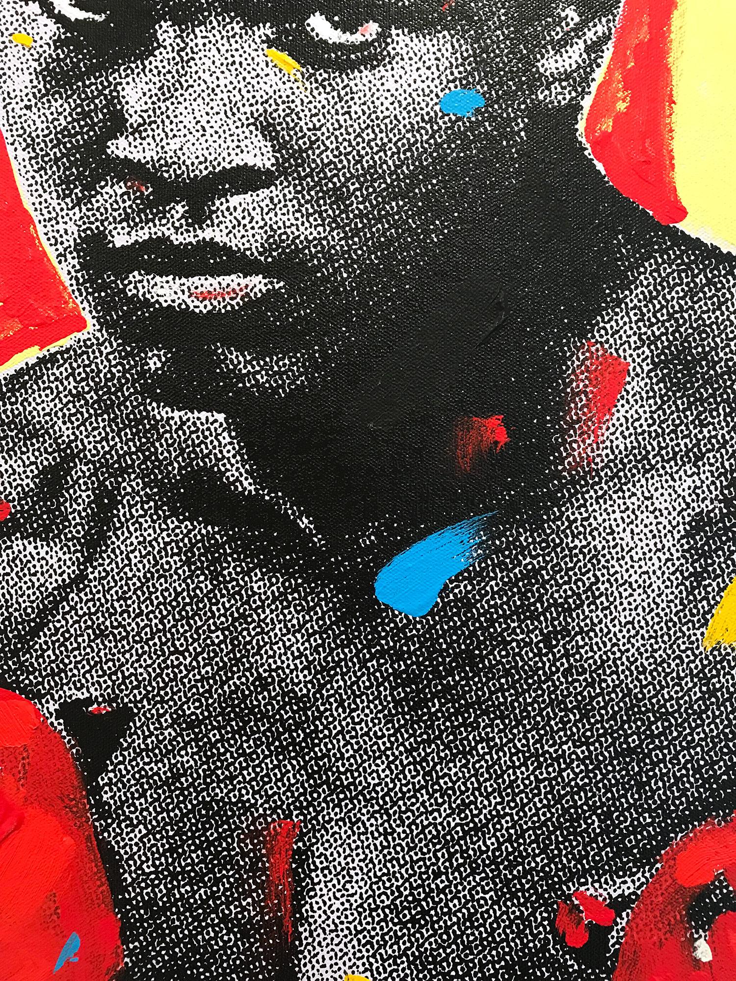 A pop piece depicting Muhammed Ali Cassius Clay. With impasto painting, and quick brushwork we are drawn to the movement, as the artist is able to engage his viewer with contrasting highlights and shadow. Done with Silkscreen in artist studio with