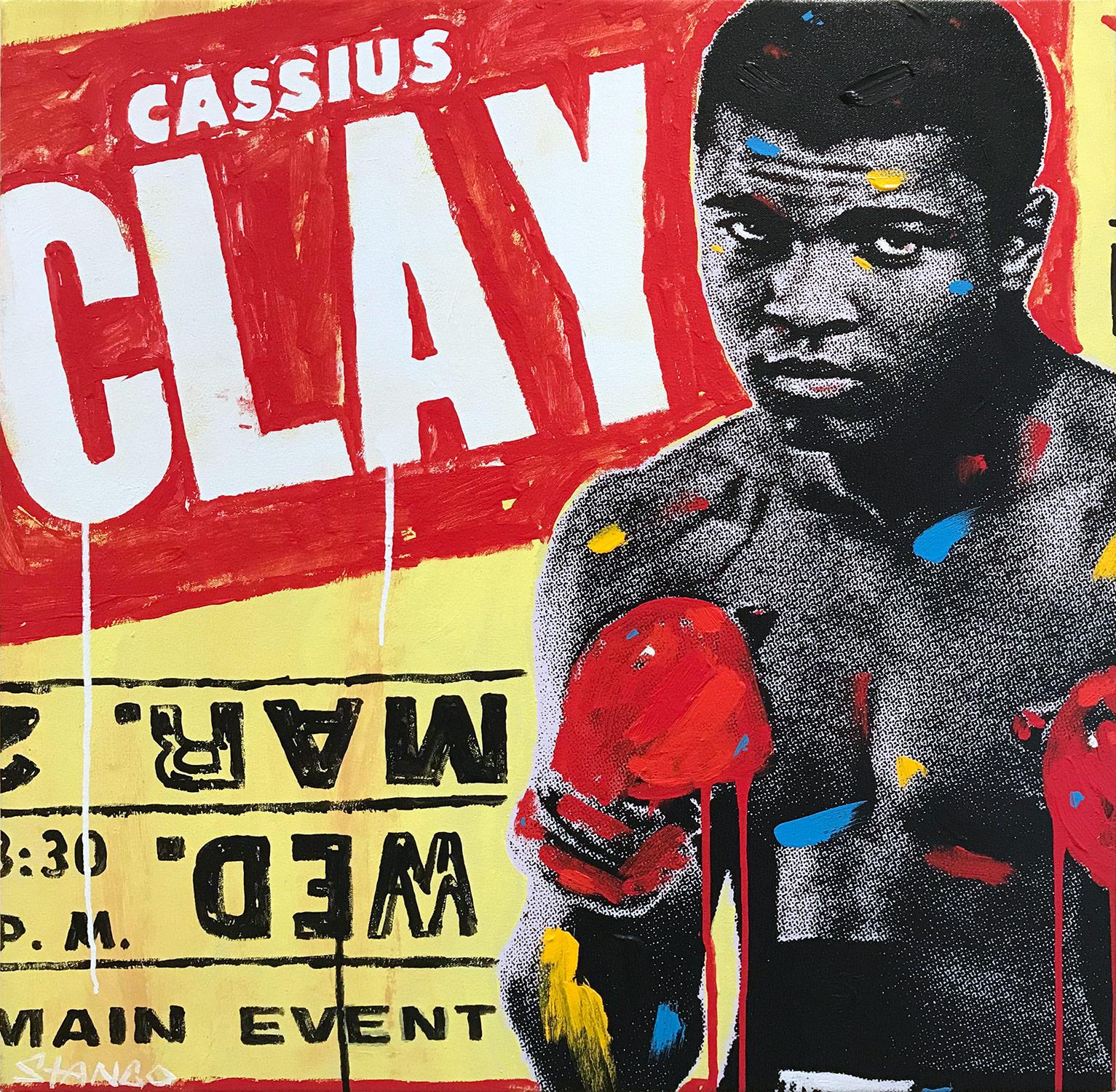 John Stango Abstract Painting – „Cassius Clay“ Muhammad Ali Pop-Art-Gemälde auf Leinwand mit rotem und gelbem Hintergrund