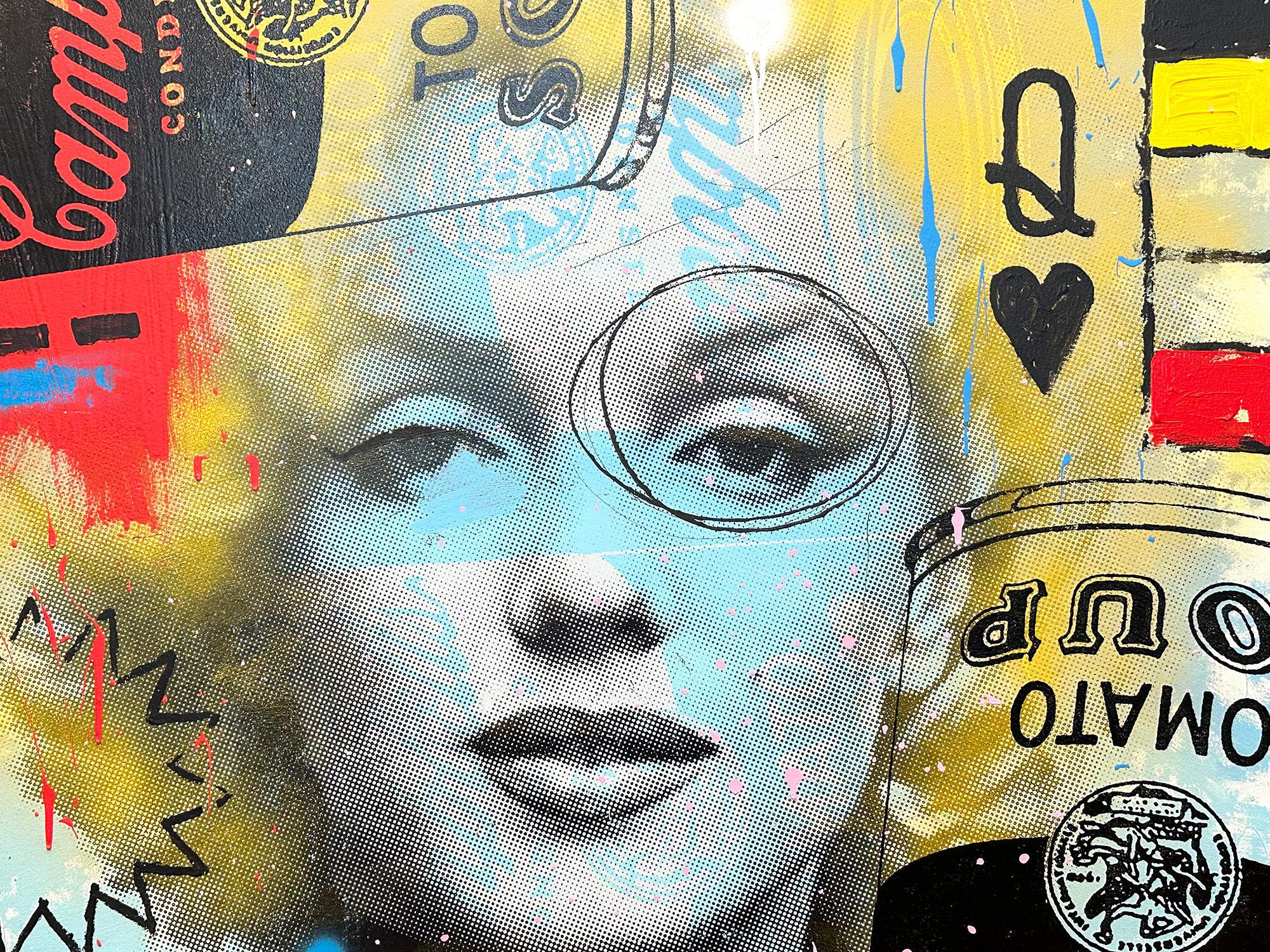 A pop piece depicting Marilyn Monroe juxtaposed with Andy Warhols iconic Campbells Soup. With impasto painting, and quick brushwork we are drawn to the movement, as the artist is able to engage his viewer with contrasting highlights and shadow. Done