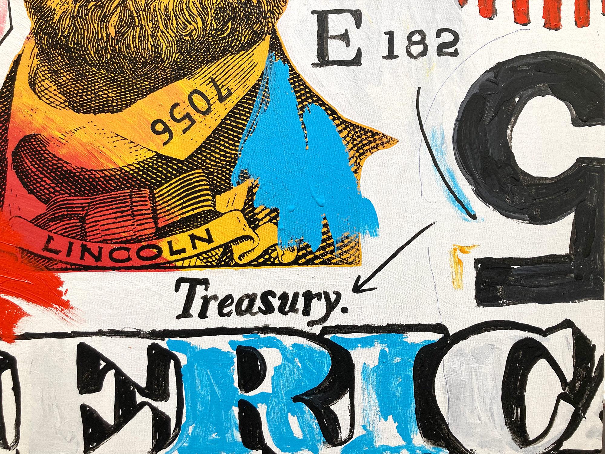 Una pieza pop que representa a Abraham Lincoln yuxtapuesto al billete estadounidense de 5 dólares. Con la pintura al impasto y la pincelada rápida nos sentimos atraídos por el movimiento, ya que el artista es capaz de enganchar a su espectador con