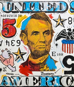 "Five Spot" Abraham Lincoln & 5 Dollar Bill Pop Art Acrylic Painting on Canvas