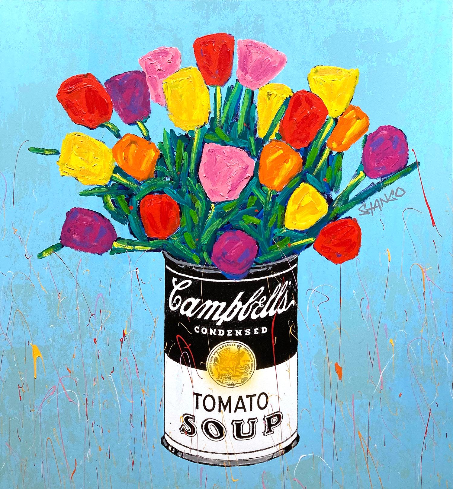 Still-Life Painting John Stango - Peinture acrylique Pop Art Campbells Soup Can & Tulipe Flowers