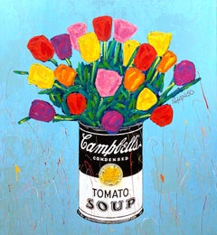 "Flower Soup" Campbells Soup Can & Tulip Flowers Pop Art Acrylic Painting Canvas