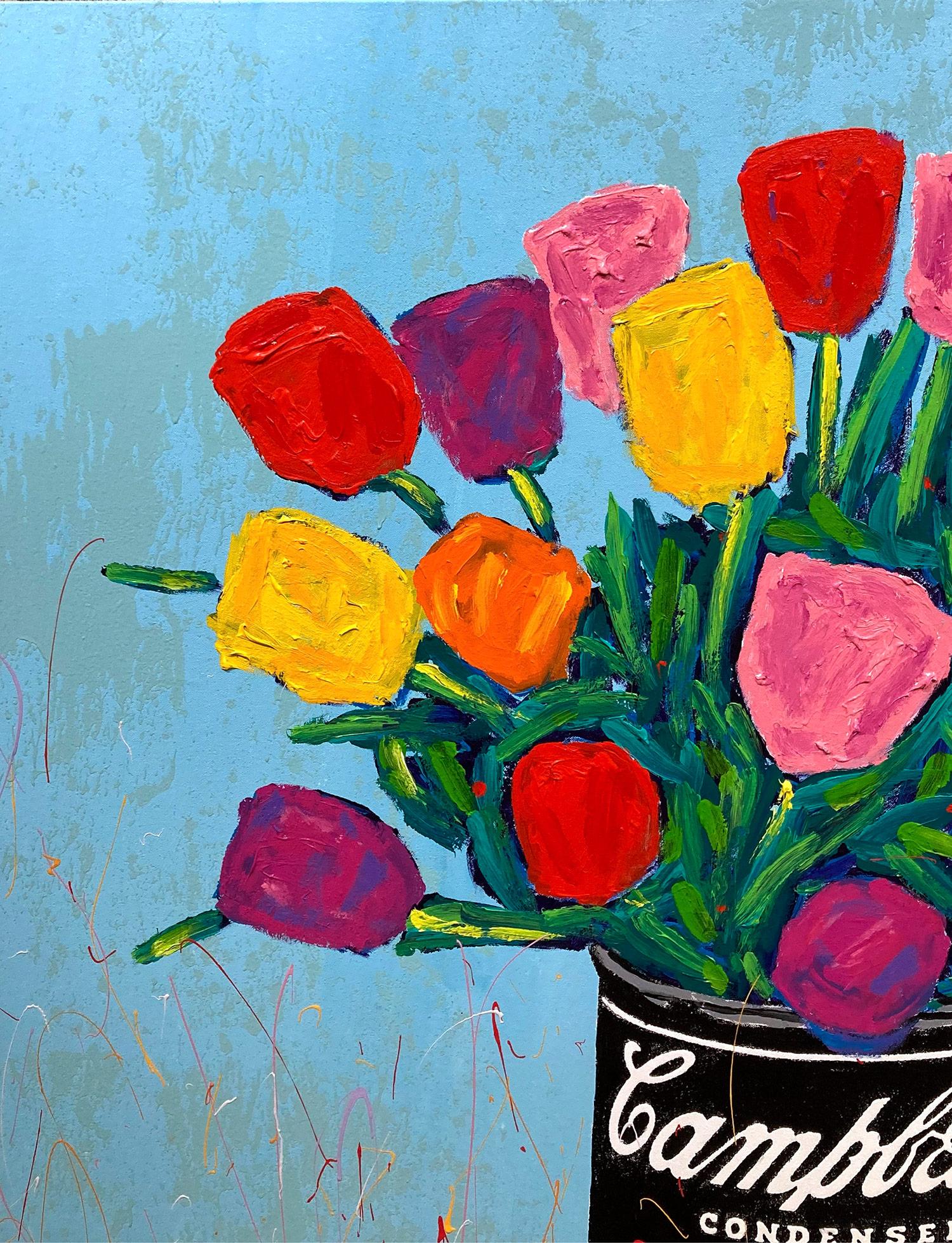 A large pop piece depicting Andy Warhols iconic Campbell's tomato soup holding a colorful bouquet of tulips. Bursting with impasto painting, and quick brushwork we are drawn to the movement, as the artist is able to engage his viewer with