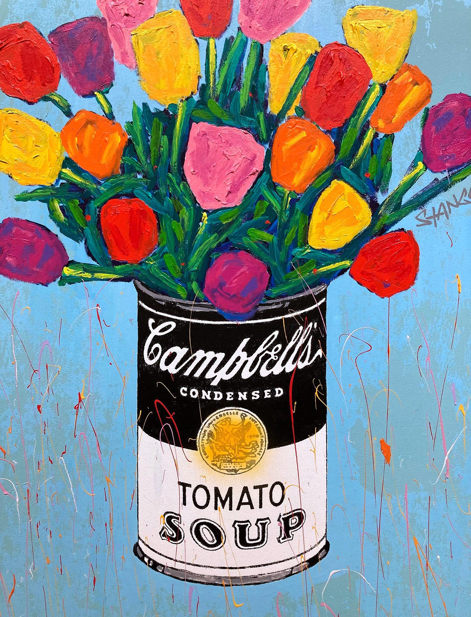 A large pop piece depicting Andy Warhols iconic Campbell's tomato soup holding a colorful bouquet of tulips. Bursting with impasto painting, and quick brushwork we are drawn to the movement, as the artist is able to engage his viewer with
