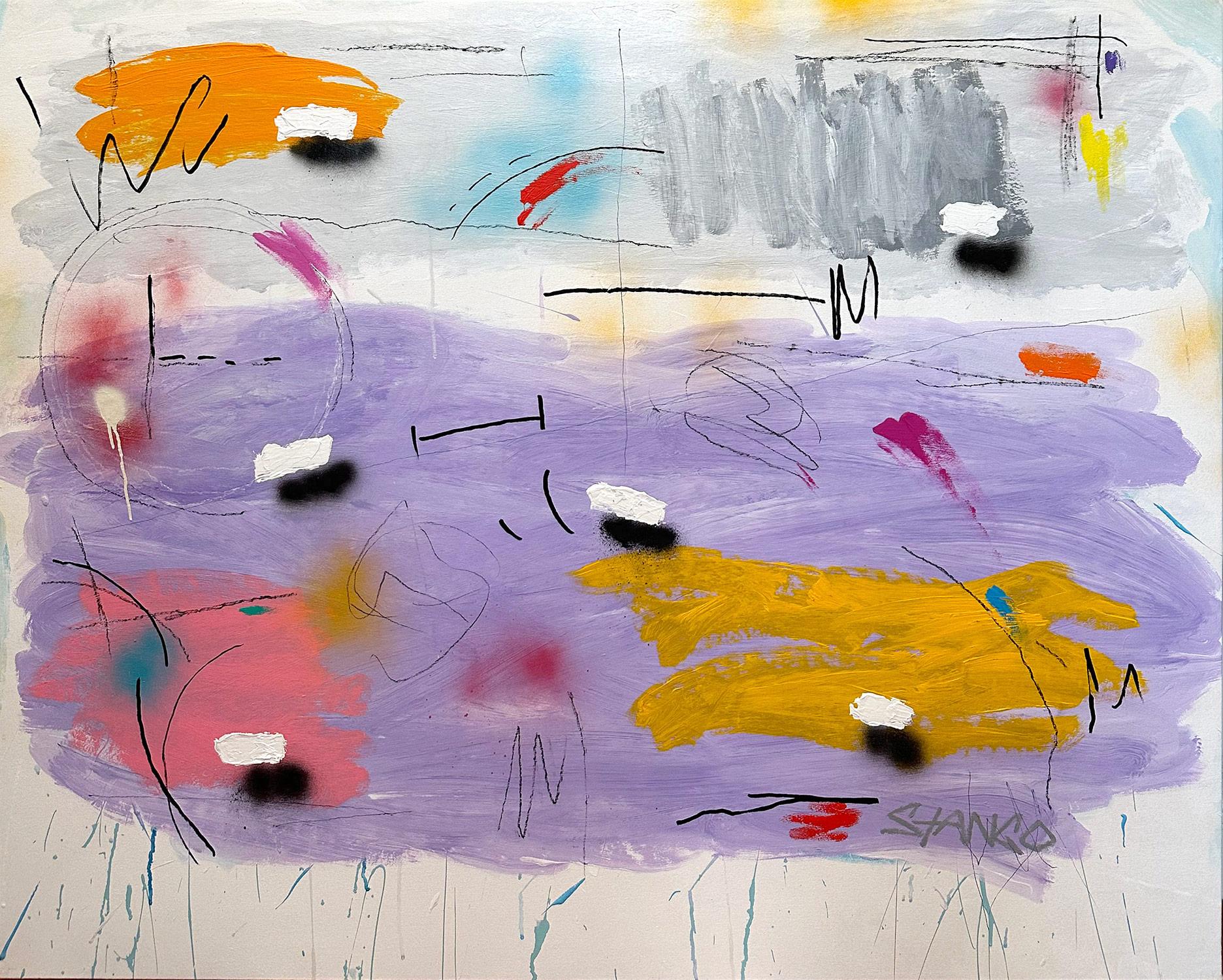 John Stango Abstract Painting – Buntes abstraktes Pop-Art-Acrylgemälde „Ghost Rider“ auf hellem Hintergrund, farbenfrohes Acryl