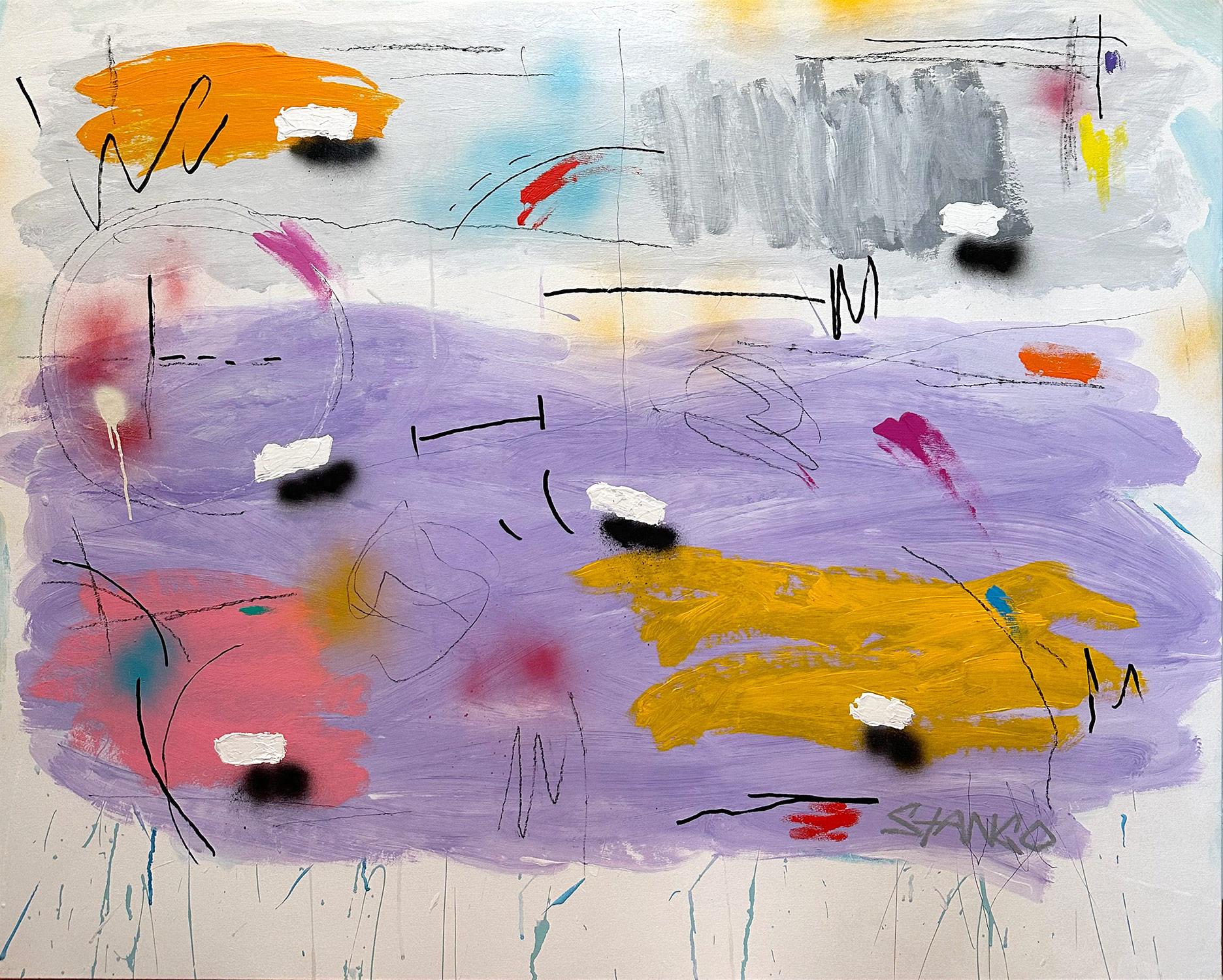 Abstract Painting di John Stango - "Ghost Rider" Pittura acrilica astratta pop art colorata su sfondo chiaro