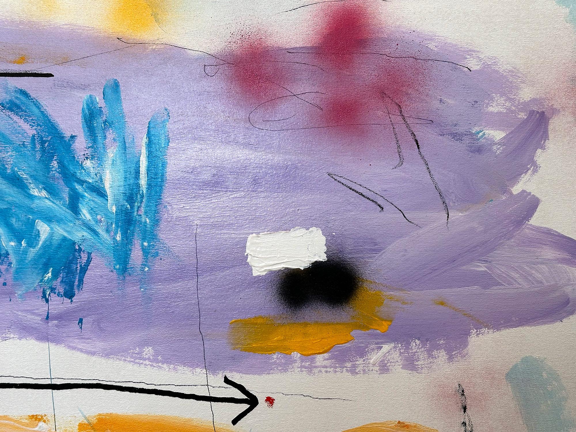 A large pop piece depicting an abstract composition with the artist signature style. He creates an illusion that the parts are in motion and almost floating. With impasto painting, and quick brushwork we are drawn to the movement, as the artist is