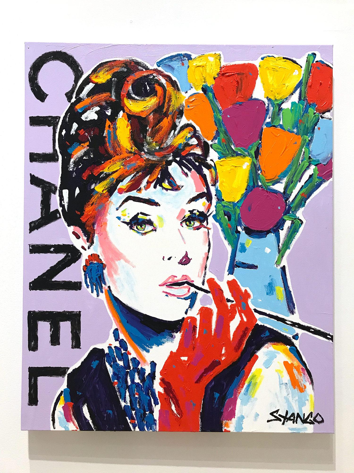 „Lavender Chanel“ Audrey Hepburn mit Blumen, Pop-Art-Acrylgemälde auf Leinwand im Angebot 7