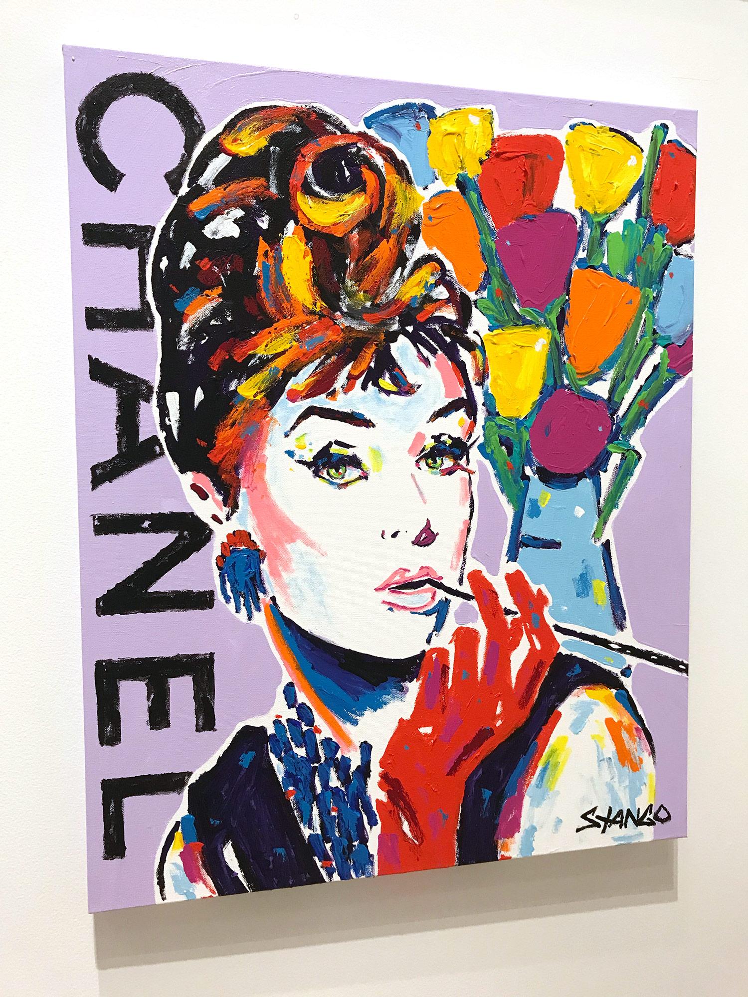„Lavender Chanel“ Audrey Hepburn mit Blumen, Pop-Art-Acrylgemälde auf Leinwand im Angebot 8
