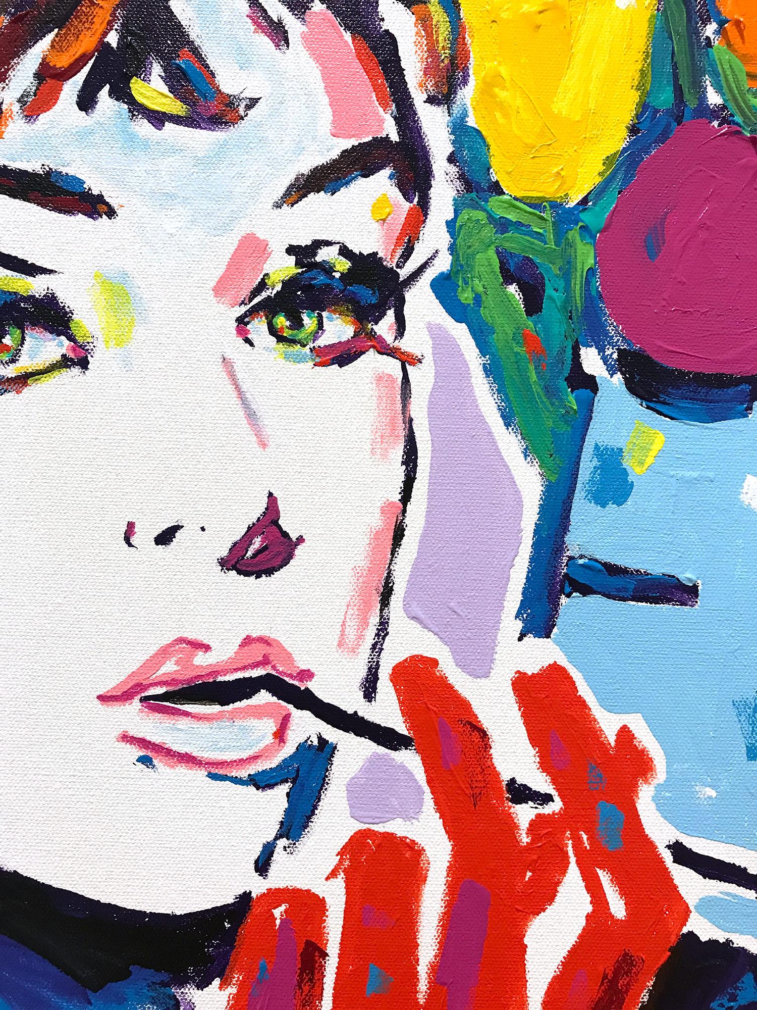 „Lavender Chanel“ Audrey Hepburn mit Blumen, Pop-Art-Acrylgemälde auf Leinwand im Angebot 5