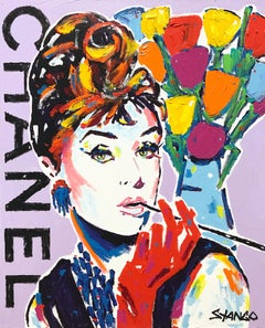 „Lavender Chanel“ Audrey Hepburn mit Blumen, Pop-Art-Acrylgemälde auf Leinwand